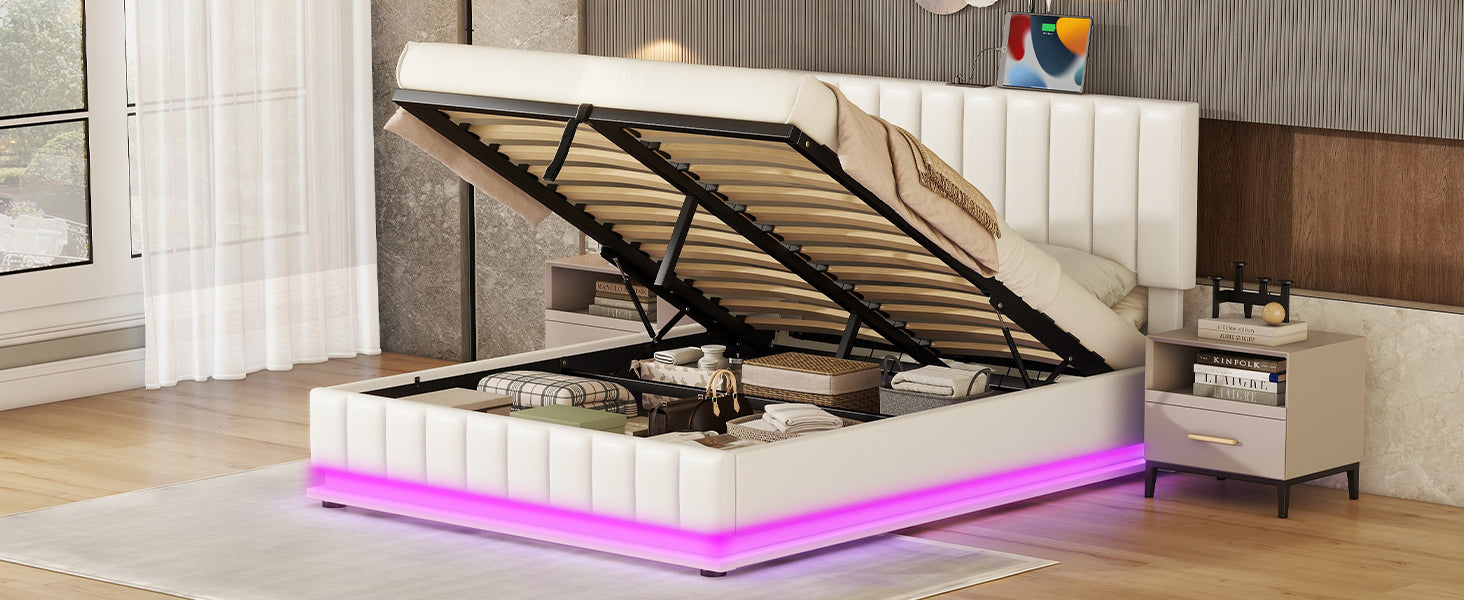 Queen Size Upholstered Bed With Hydraulic Storage System And Led Light, Modern Platform Bed With Sockets And Usb Ports, White White Pu Leather