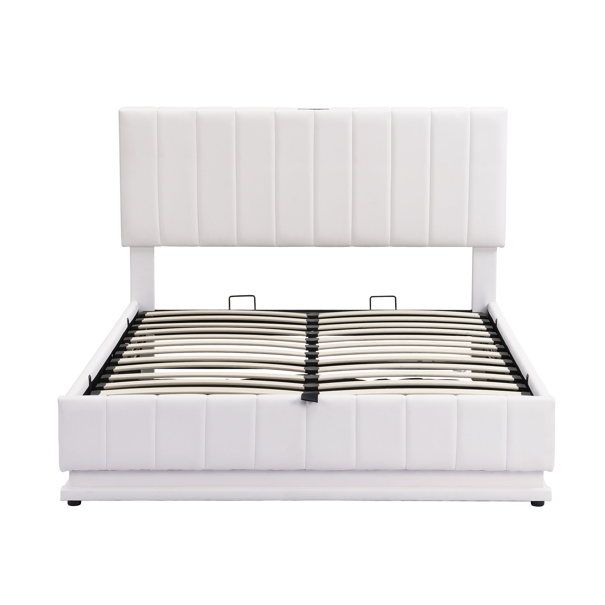 Full Size Upholstered Bed With Hydraulic Storage System And Led Light, Modern Platform Bed With Sockets And Usb Ports, White White Pu Leather