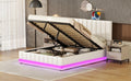Queen Size Upholstered Bed With Hydraulic Storage System And Led Light, Modern Platform Bed With Sockets And Usb Ports, White White Pu Leather
