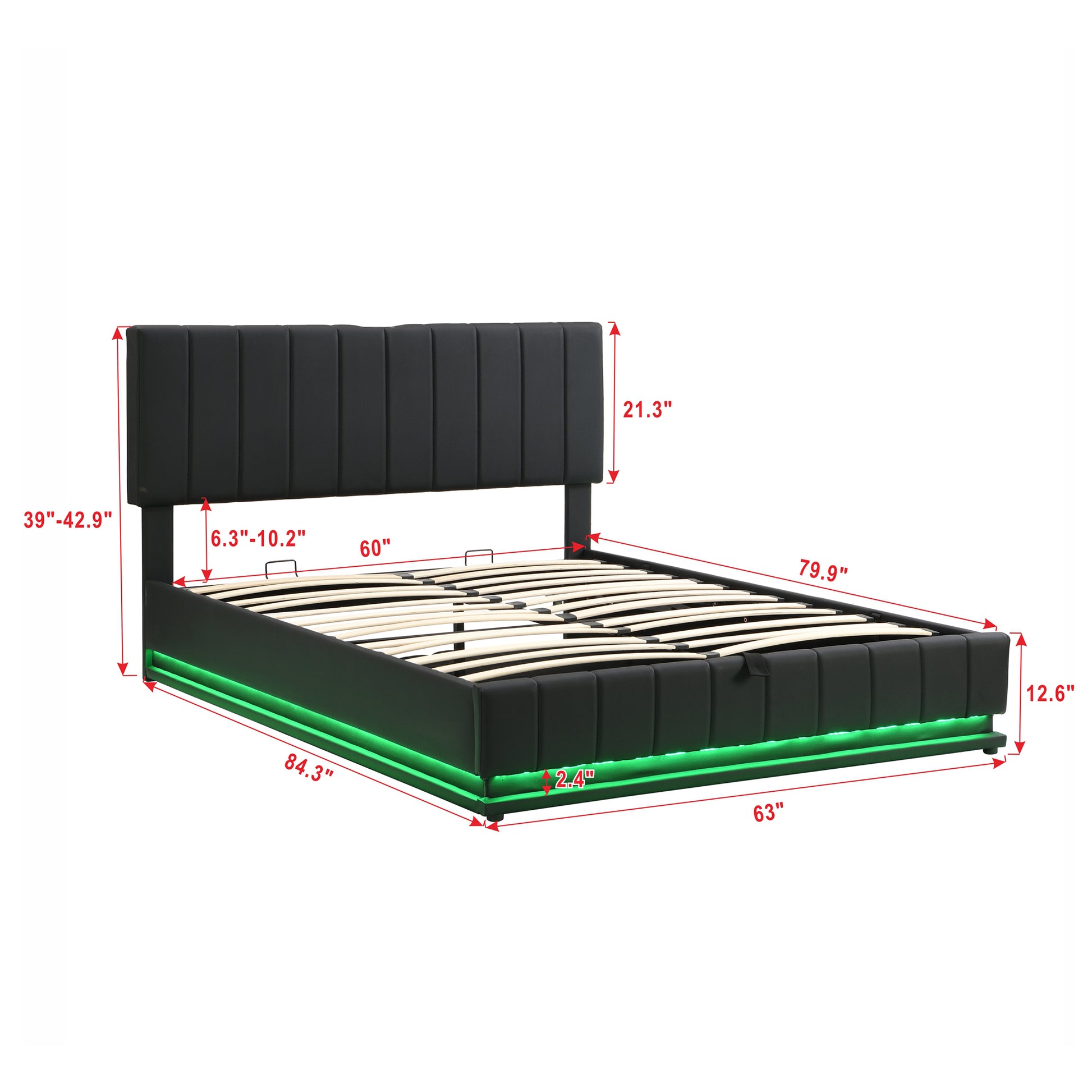 Queen Size Upholstered Bed With Hydraulic Storage System And Led Light, Modern Platform Bed With Sockets And Usb Ports, Black Black Pu Leather