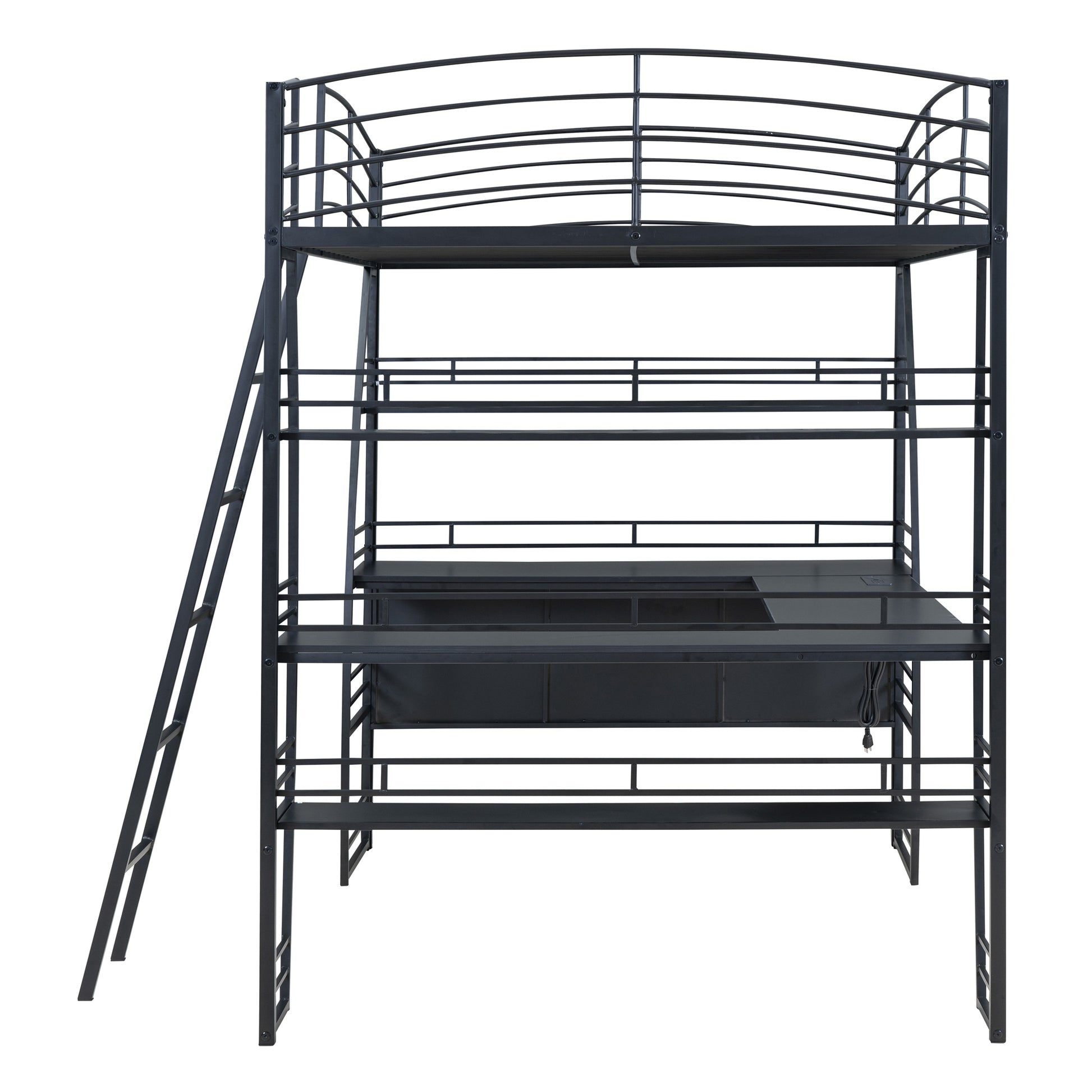 Full Size Loft Bed With 4 Layers Of Shelves And L Shaped Desk, Stylish Metal Frame Bed With A Set Of Sockets, Usb Ports And Wireless Charging, Black Black Metal