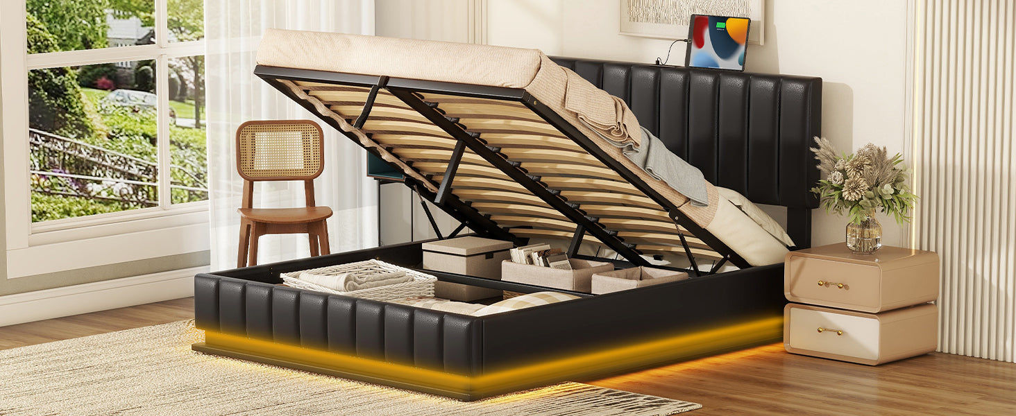 Queen Size Upholstered Bed With Hydraulic Storage System And Led Light, Modern Platform Bed With Sockets And Usb Ports, Black Black Pu Leather