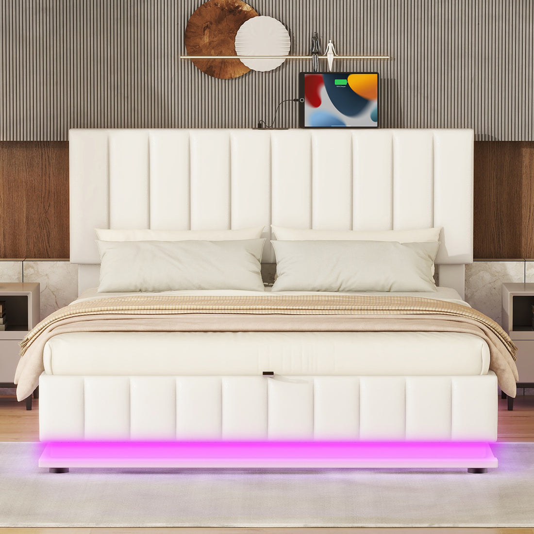 Queen Size Upholstered Bed With Hydraulic Storage System And Led Light, Modern Platform Bed With Sockets And Usb Ports, White White Pu Leather