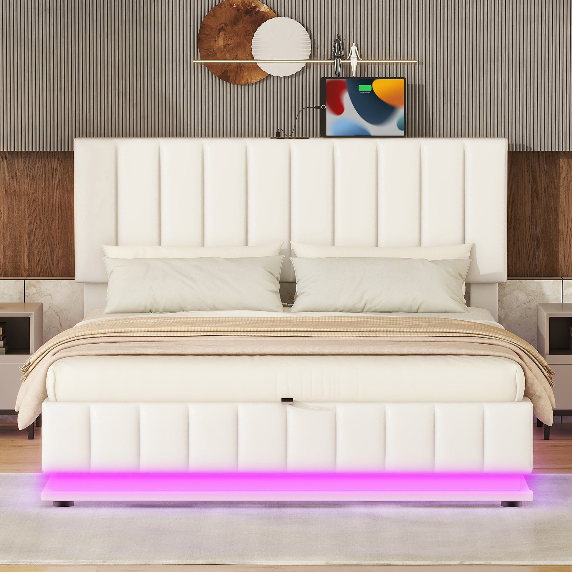 Queen Size Upholstered Bed With Hydraulic Storage System And Led Light, Modern Platform Bed With Sockets And Usb Ports, White White Pu Leather