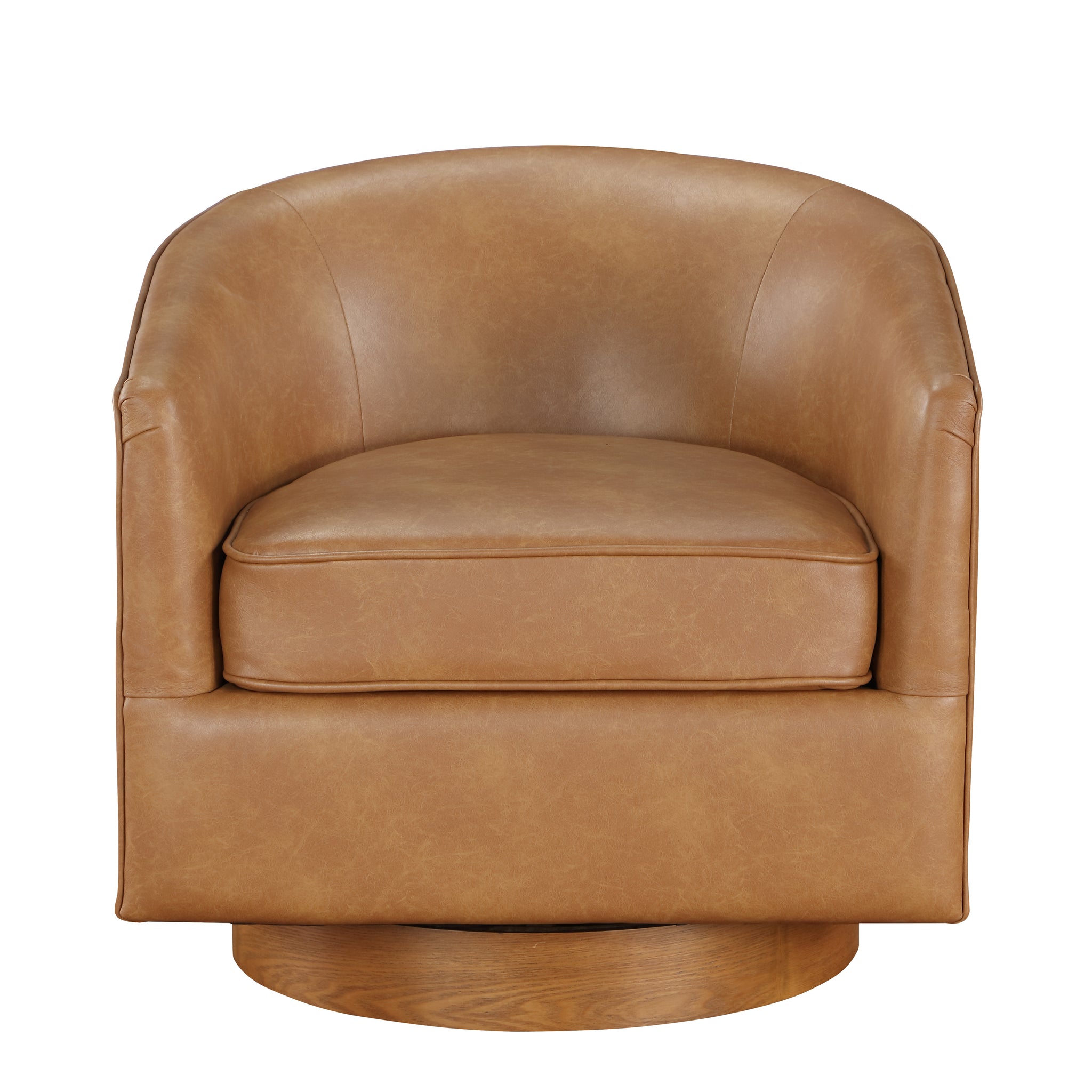 Maisy Saddle Faux Leather Wood Base Barrel Swivel Chair Brown Foam Polyester
