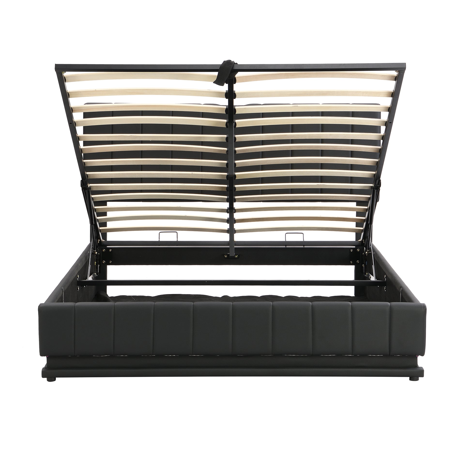 Queen Size Upholstered Bed With Hydraulic Storage System And Led Light, Modern Platform Bed With Sockets And Usb Ports, Black Black Pu Leather