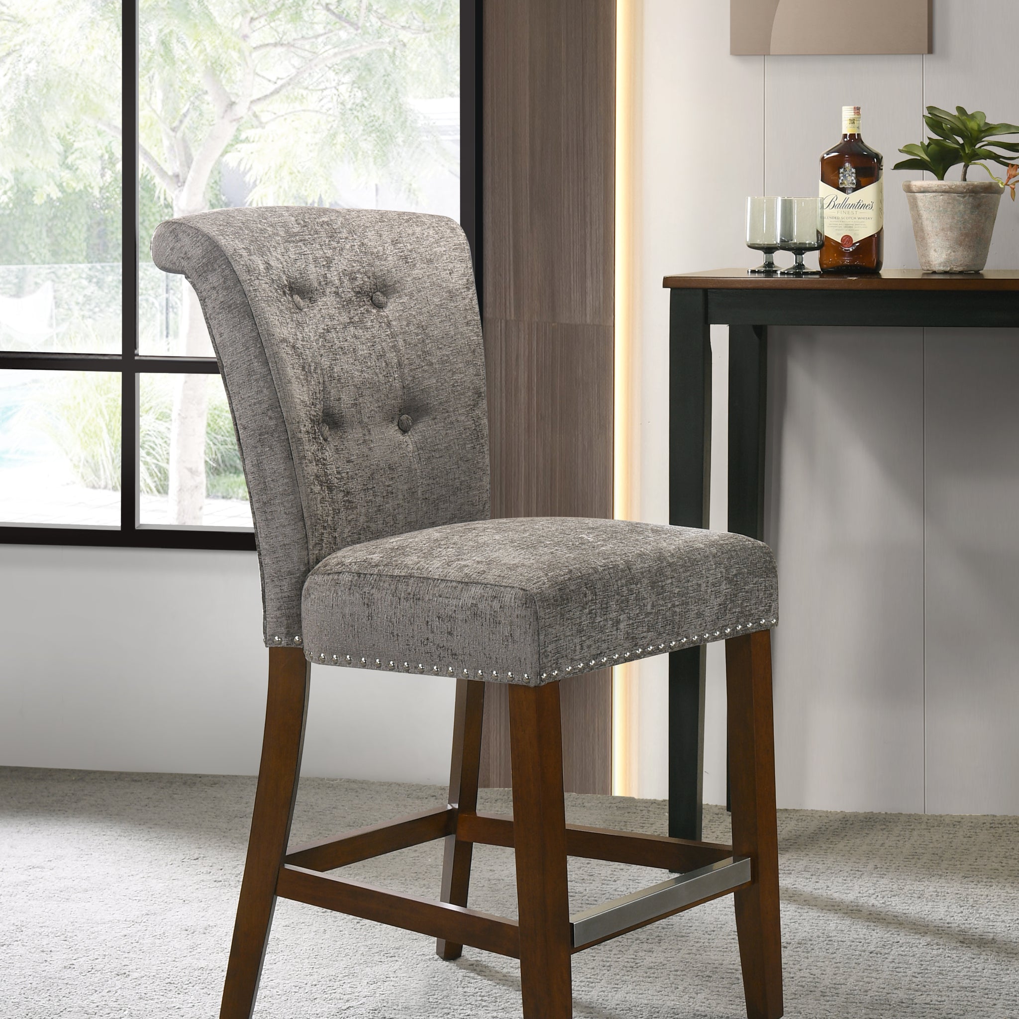 Auggie 20.5" Gray Fabric Counter Height Chair With Trim Gray Fabric