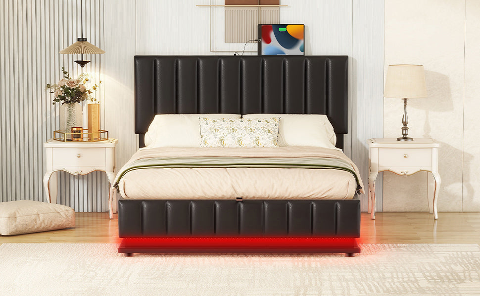 Full Size Upholstered Bed With Hydraulic Storage System And Led Light, Modern Platform Bed With Sockets And Usb Ports, Black Black Pu Leather