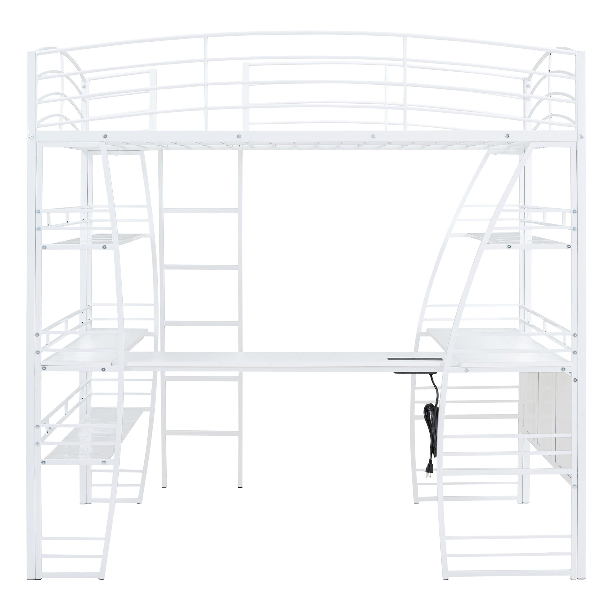 Full Size Loft Bed With 4 Layers Of Shelves And L Shaped Desk, Stylish Metal Frame Bed With A Set Of Sockets, Usb Ports And And Wireless Charging, White White Metal