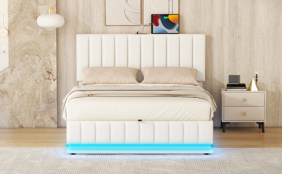 Full Size Upholstered Bed With Hydraulic Storage System And Led Light, Modern Platform Bed With Sockets And Usb Ports, White White Pu Leather