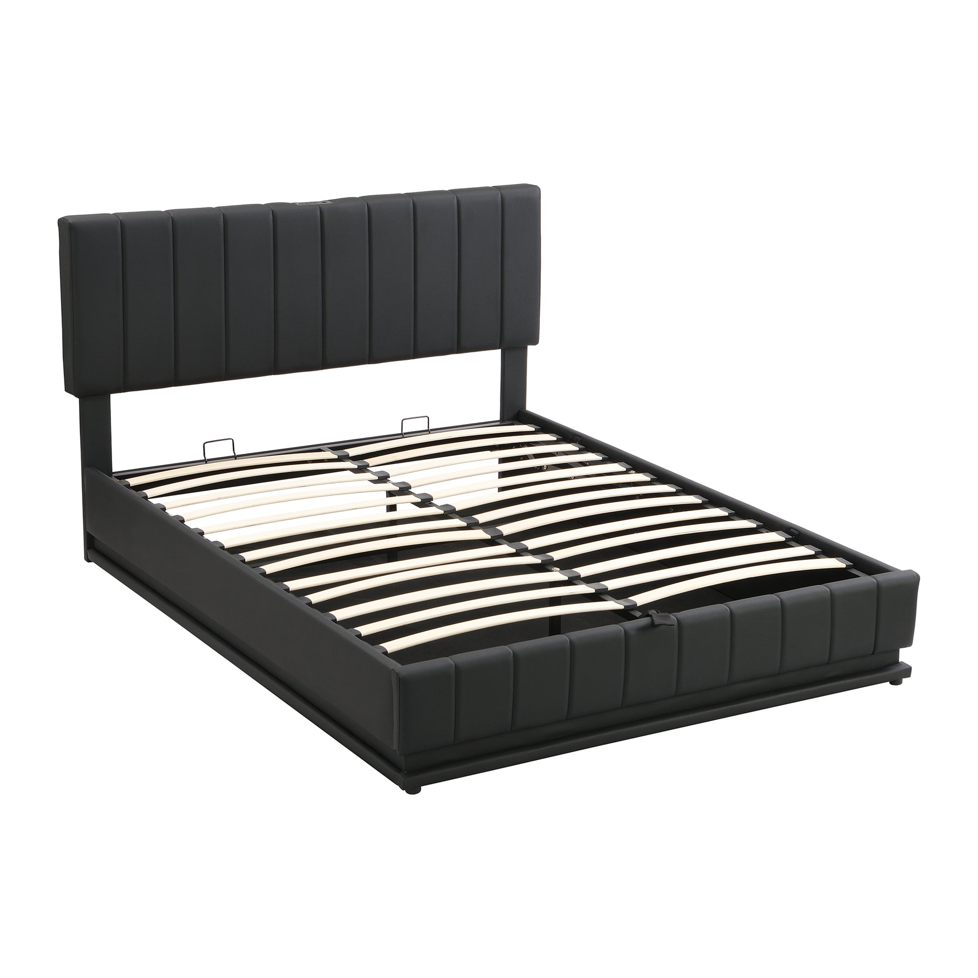 Queen Size Upholstered Bed With Hydraulic Storage System And Led Light, Modern Platform Bed With Sockets And Usb Ports, Black Black Pu Leather