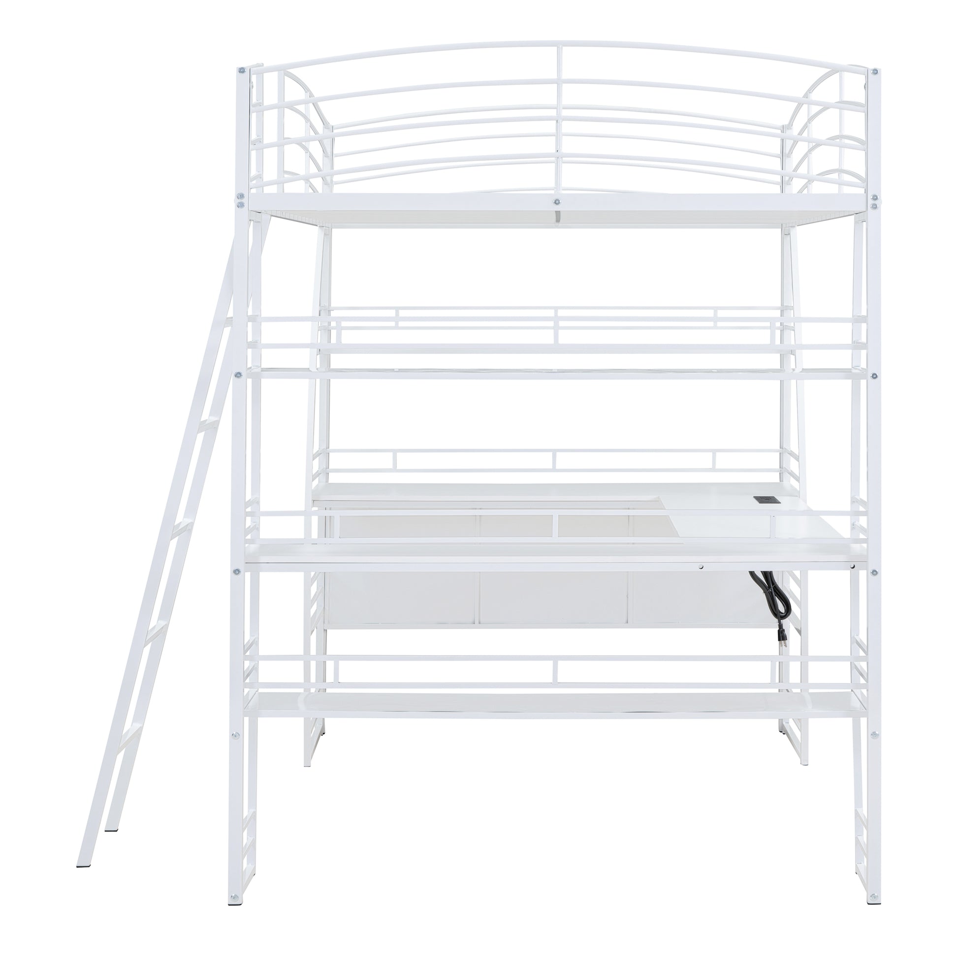 Full Size Loft Bed With 4 Layers Of Shelves And L Shaped Desk, Stylish Metal Frame Bed With A Set Of Sockets, Usb Ports And And Wireless Charging, White White Metal