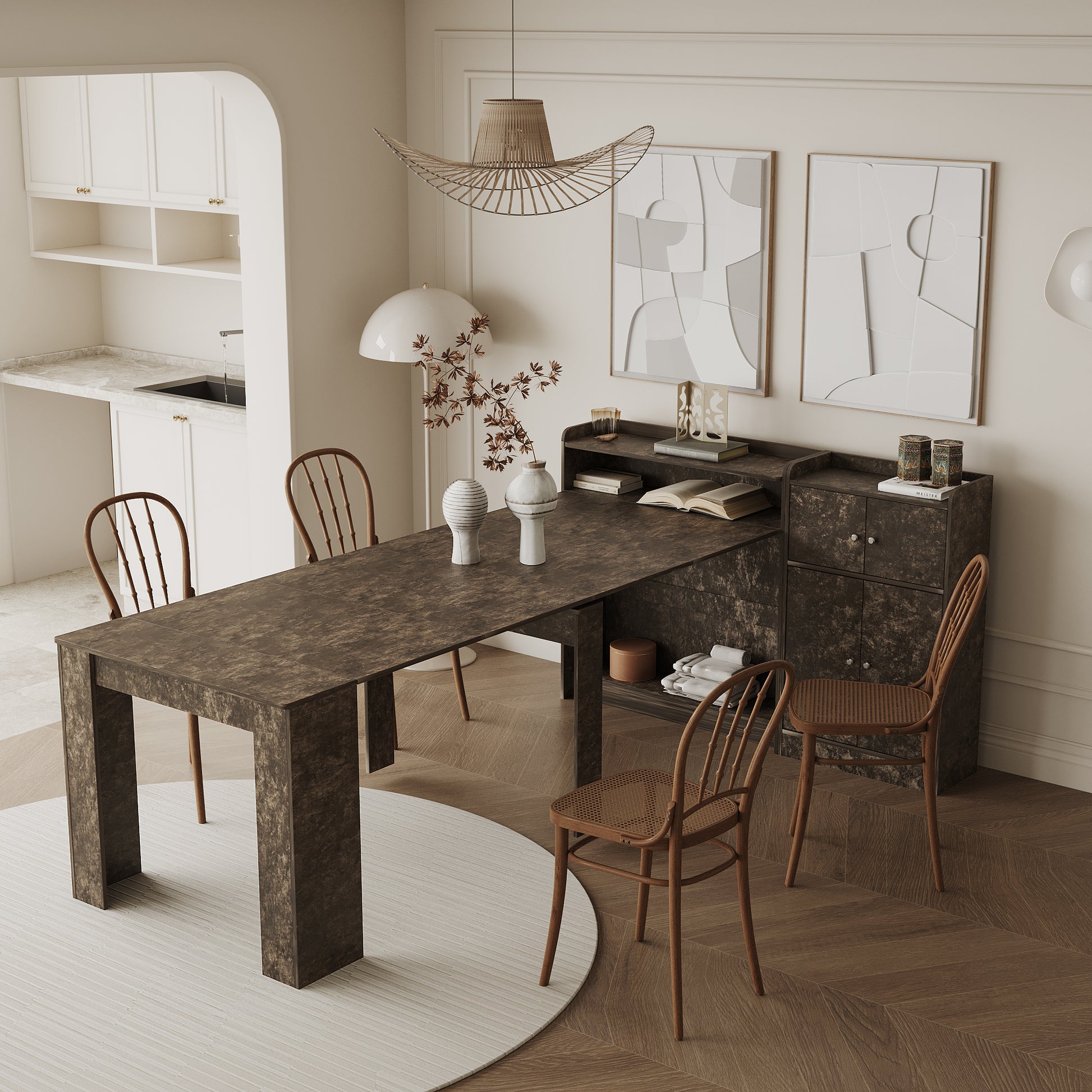 Modern Extendable Dining Table With Storage Marble Mdf