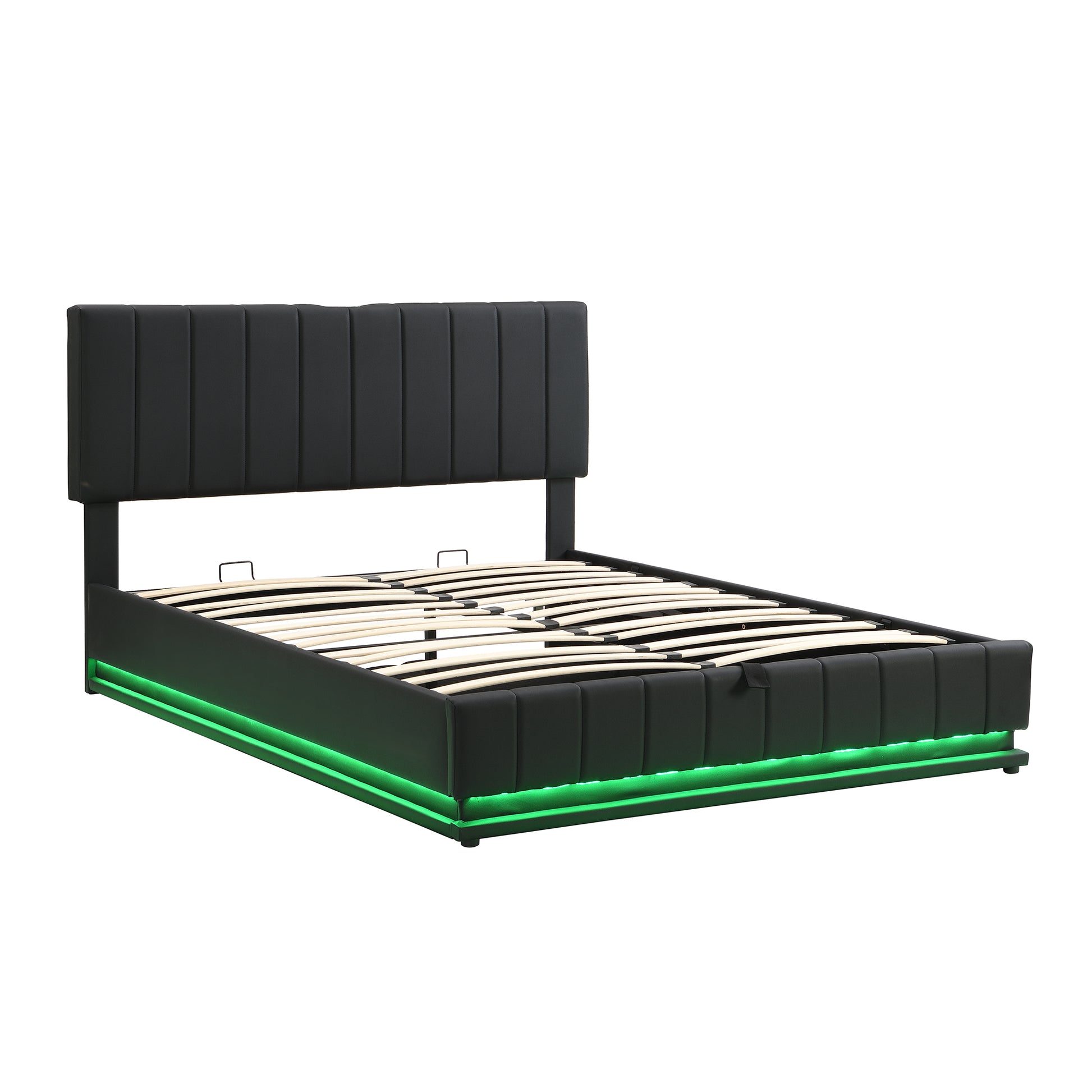 Queen Size Upholstered Bed With Hydraulic Storage System And Led Light, Modern Platform Bed With Sockets And Usb Ports, Black Black Pu Leather