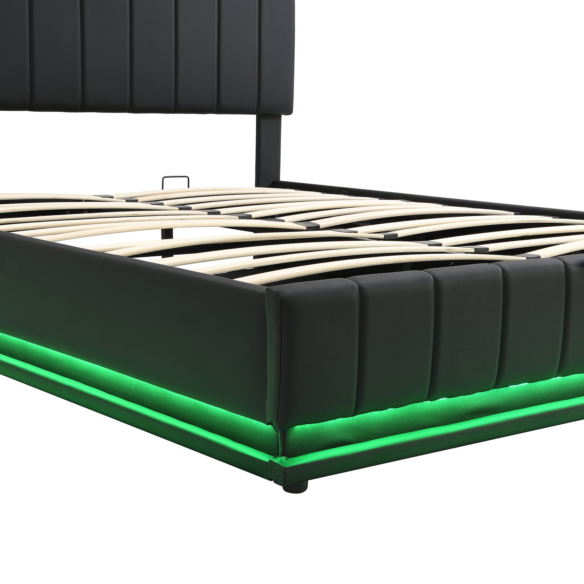 Queen Size Upholstered Bed With Hydraulic Storage System And Led Light, Modern Platform Bed With Sockets And Usb Ports, Black Black Pu Leather