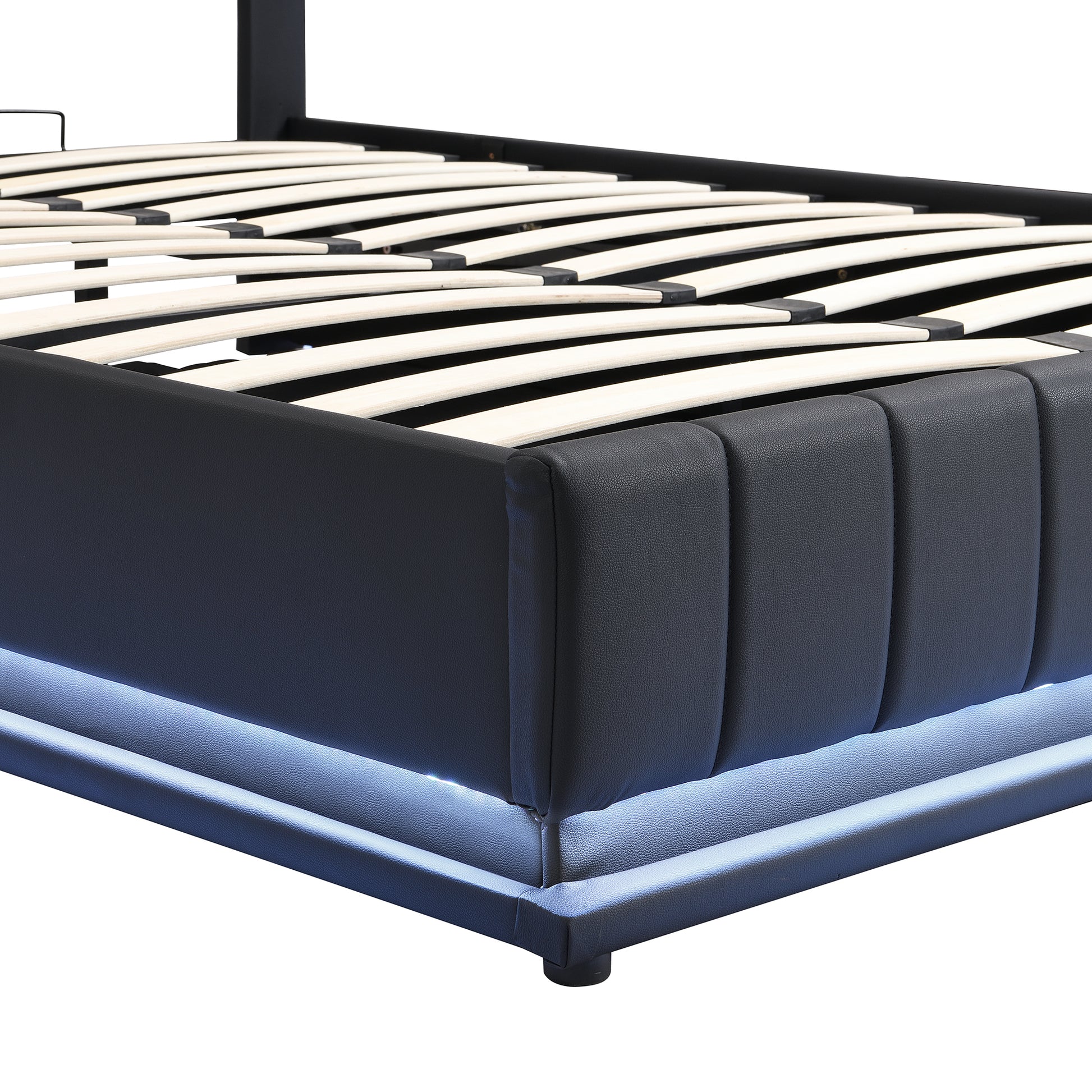 Full Size Upholstered Bed With Hydraulic Storage System And Led Light, Modern Platform Bed With Sockets And Usb Ports, Black Black Pu Leather