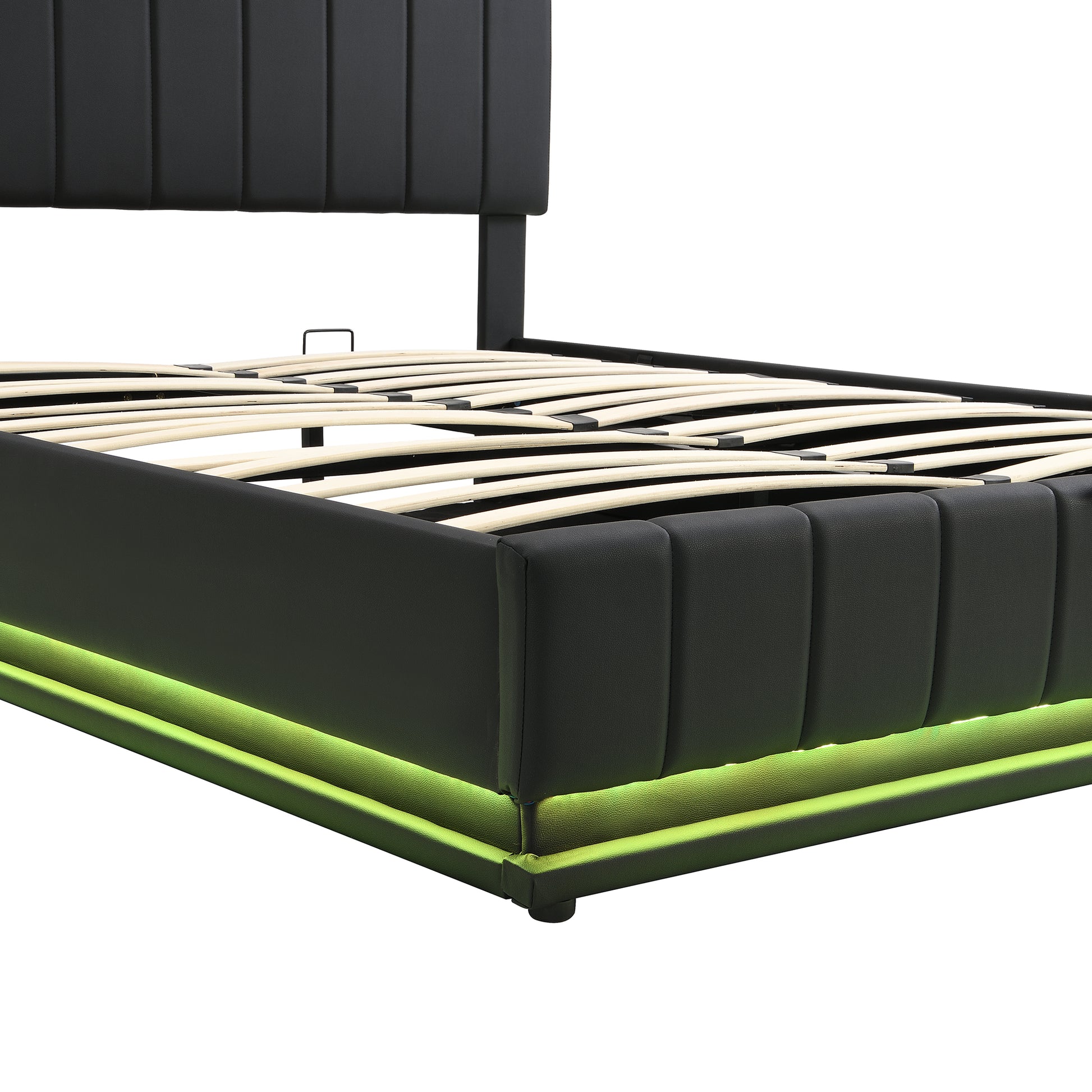 Queen Size Upholstered Bed With Hydraulic Storage System And Led Light, Modern Platform Bed With Sockets And Usb Ports, Black Black Pu Leather