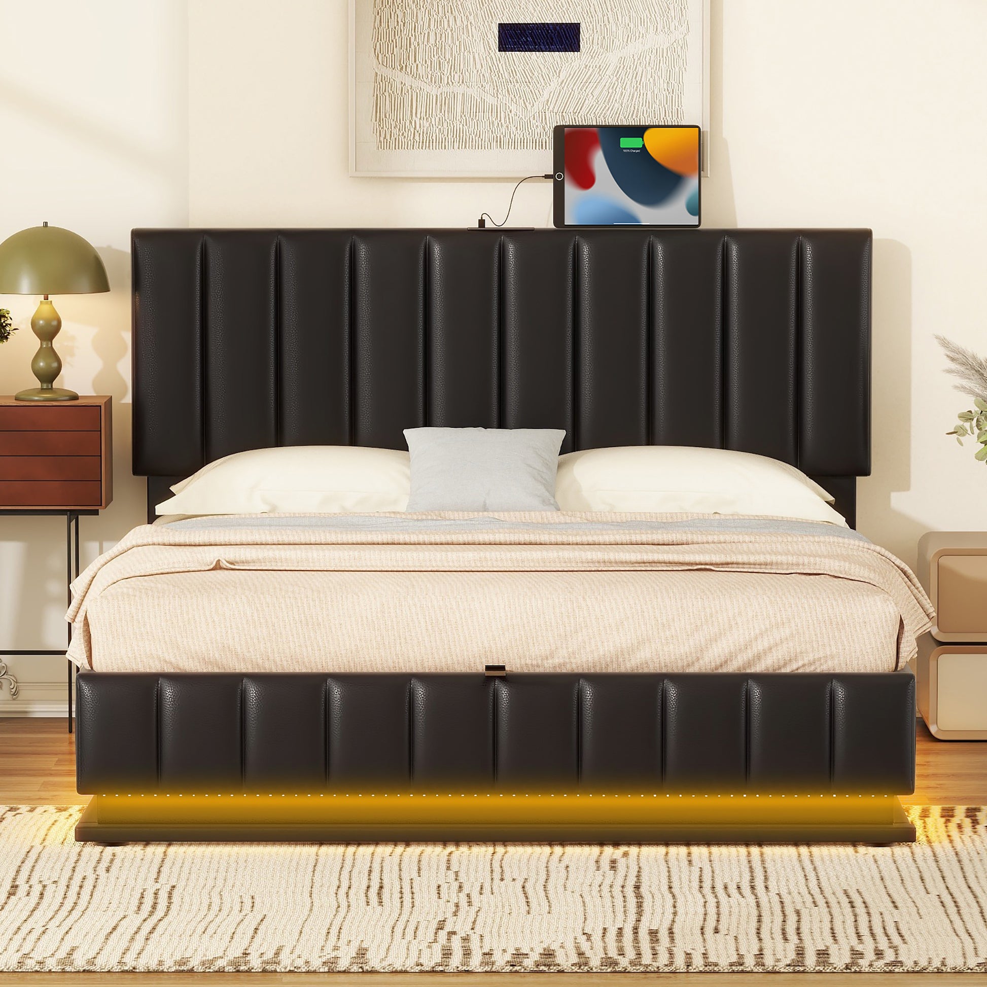 Queen Size Upholstered Bed With Hydraulic Storage System And Led Light, Modern Platform Bed With Sockets And Usb Ports, Black Black Pu Leather