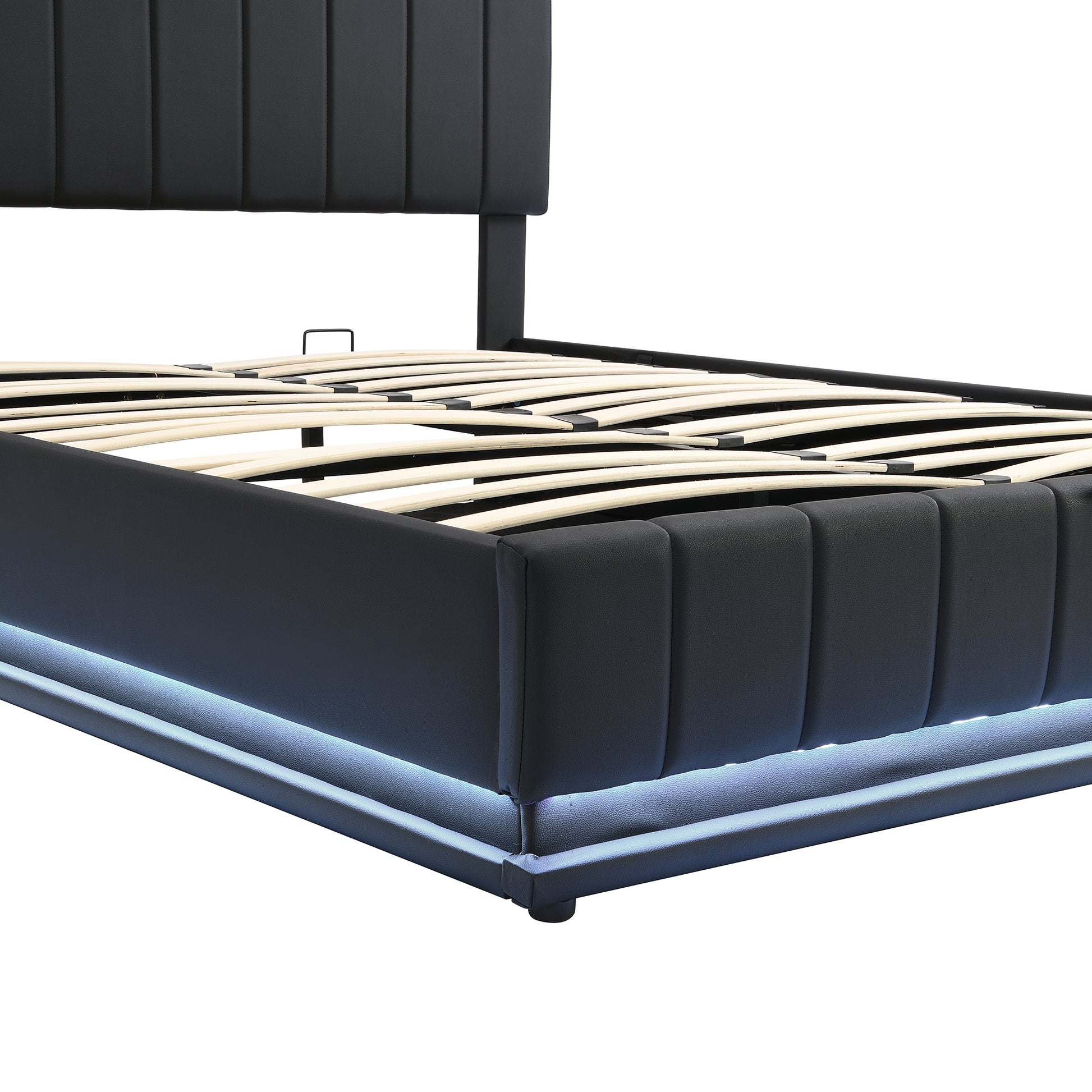 Queen Size Upholstered Bed With Hydraulic Storage System And Led Light, Modern Platform Bed With Sockets And Usb Ports, Black Black Pu Leather