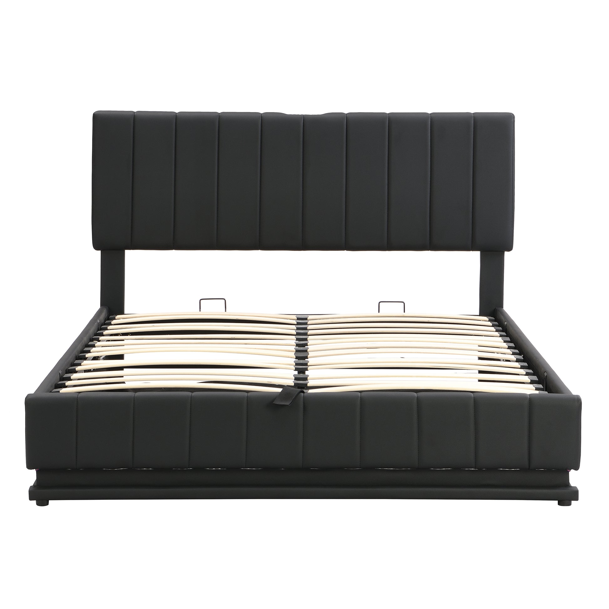 Queen Size Upholstered Bed With Hydraulic Storage System And Led Light, Modern Platform Bed With Sockets And Usb Ports, Black Black Pu Leather