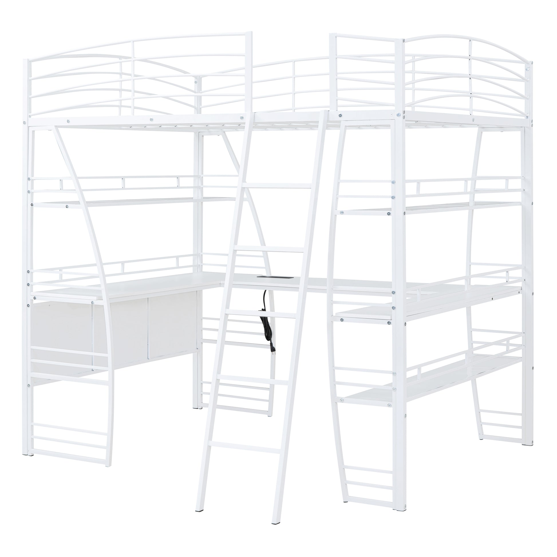 Full Size Loft Bed With 4 Layers Of Shelves And L Shaped Desk, Stylish Metal Frame Bed With A Set Of Sockets, Usb Ports And And Wireless Charging, White White Metal