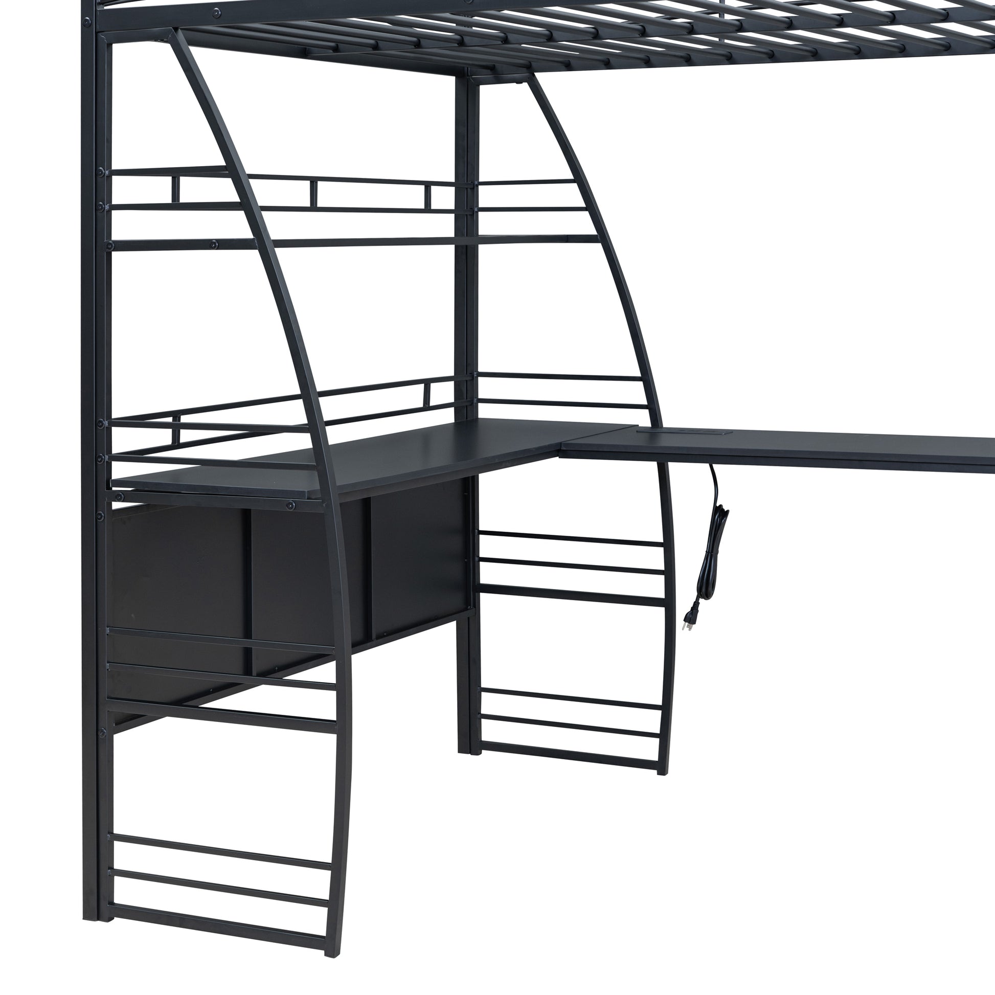 Full Size Loft Bed With 4 Layers Of Shelves And L Shaped Desk, Stylish Metal Frame Bed With A Set Of Sockets, Usb Ports And Wireless Charging, Black Black Metal