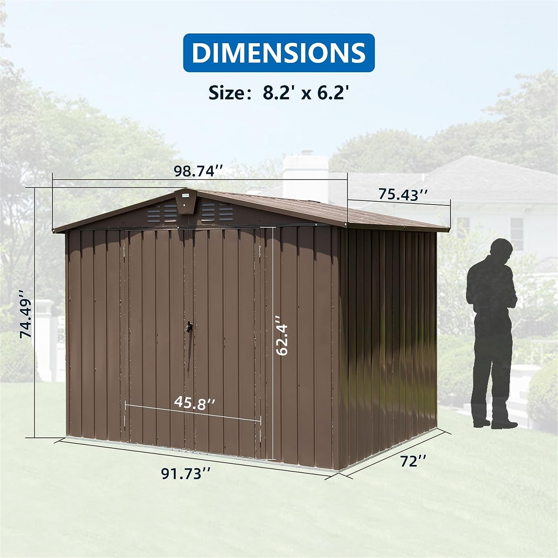 Outdoor Storage Shed 8.2' X 6.2', Metal Steel Utility Tool Shed Storage House With Double Lockable Doors & Air Vents For Backyard Patio Garden Lawn Brown Brown Metal