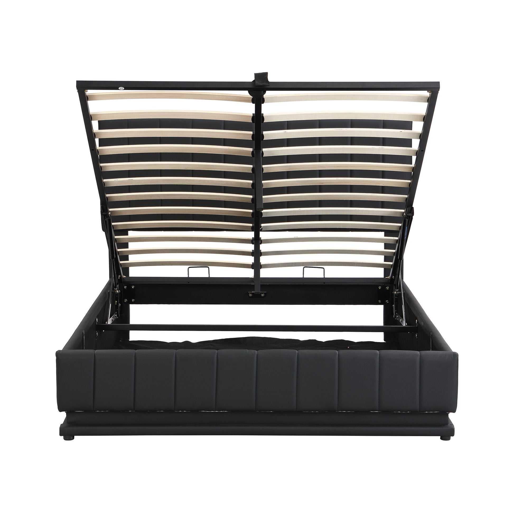 Full Size Upholstered Bed With Hydraulic Storage System And Led Light, Modern Platform Bed With Sockets And Usb Ports, Black Black Pu Leather