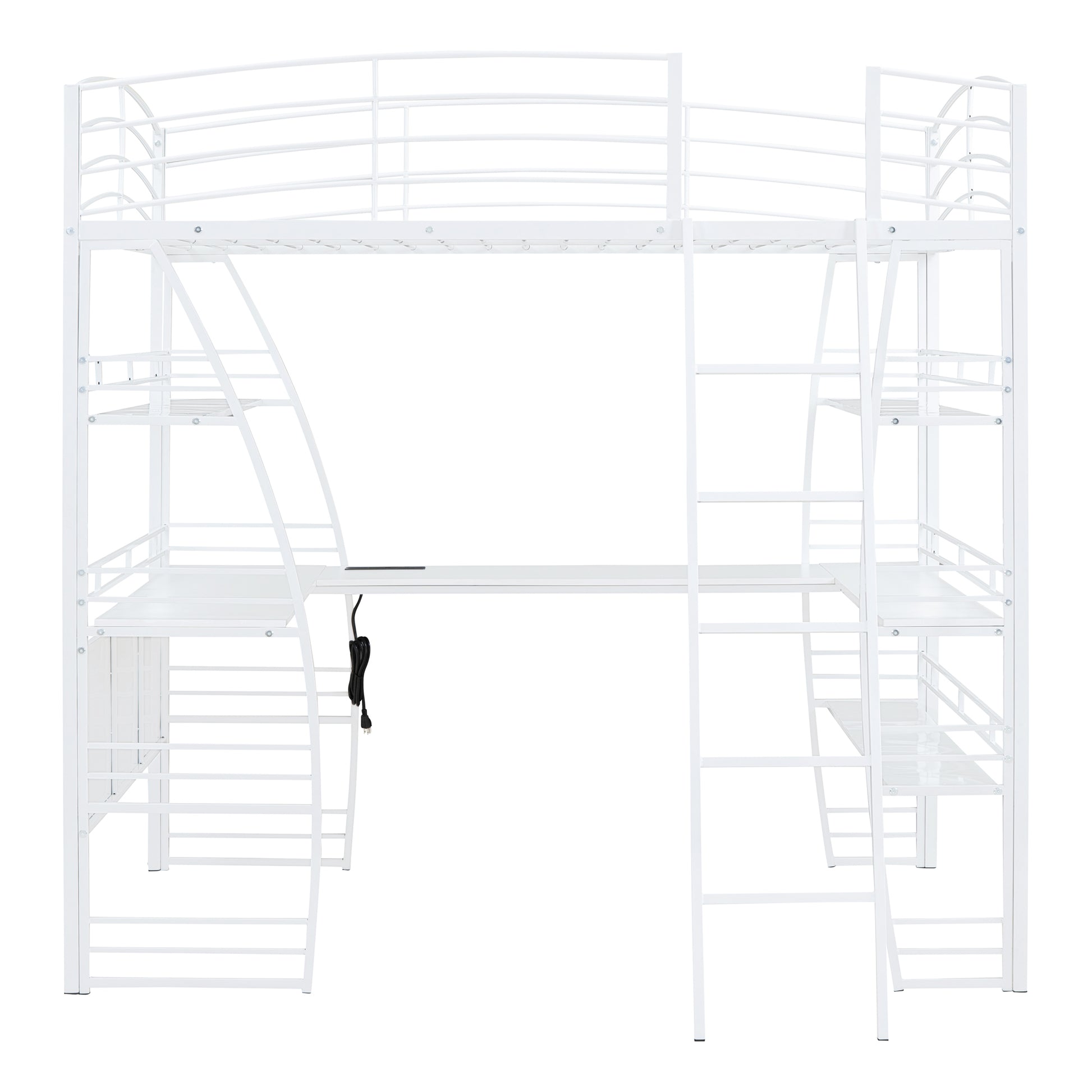 Full Size Loft Bed With 4 Layers Of Shelves And L Shaped Desk, Stylish Metal Frame Bed With A Set Of Sockets, Usb Ports And And Wireless Charging, White White Metal