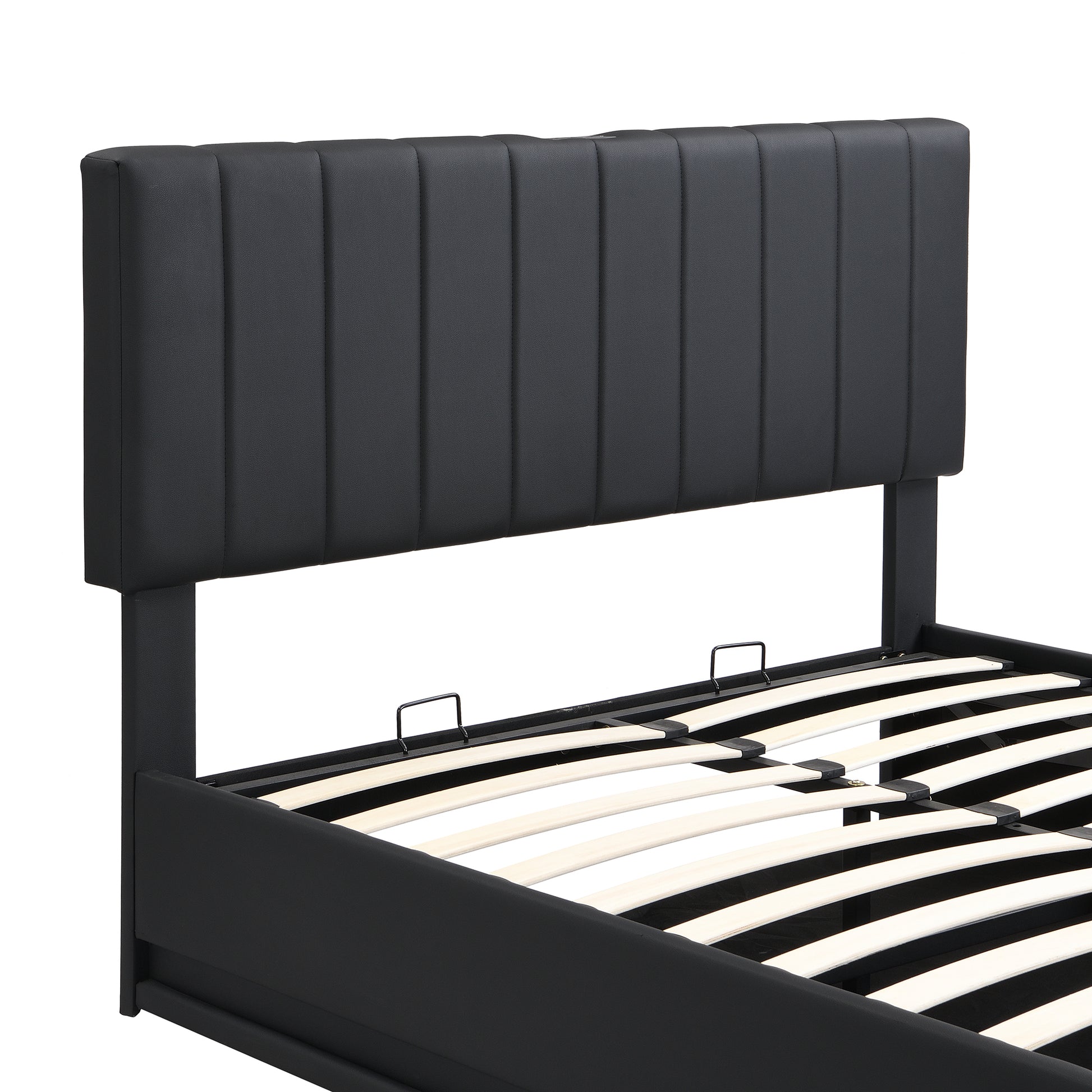 Full Size Upholstered Bed With Hydraulic Storage System And Led Light, Modern Platform Bed With Sockets And Usb Ports, Black Black Pu Leather