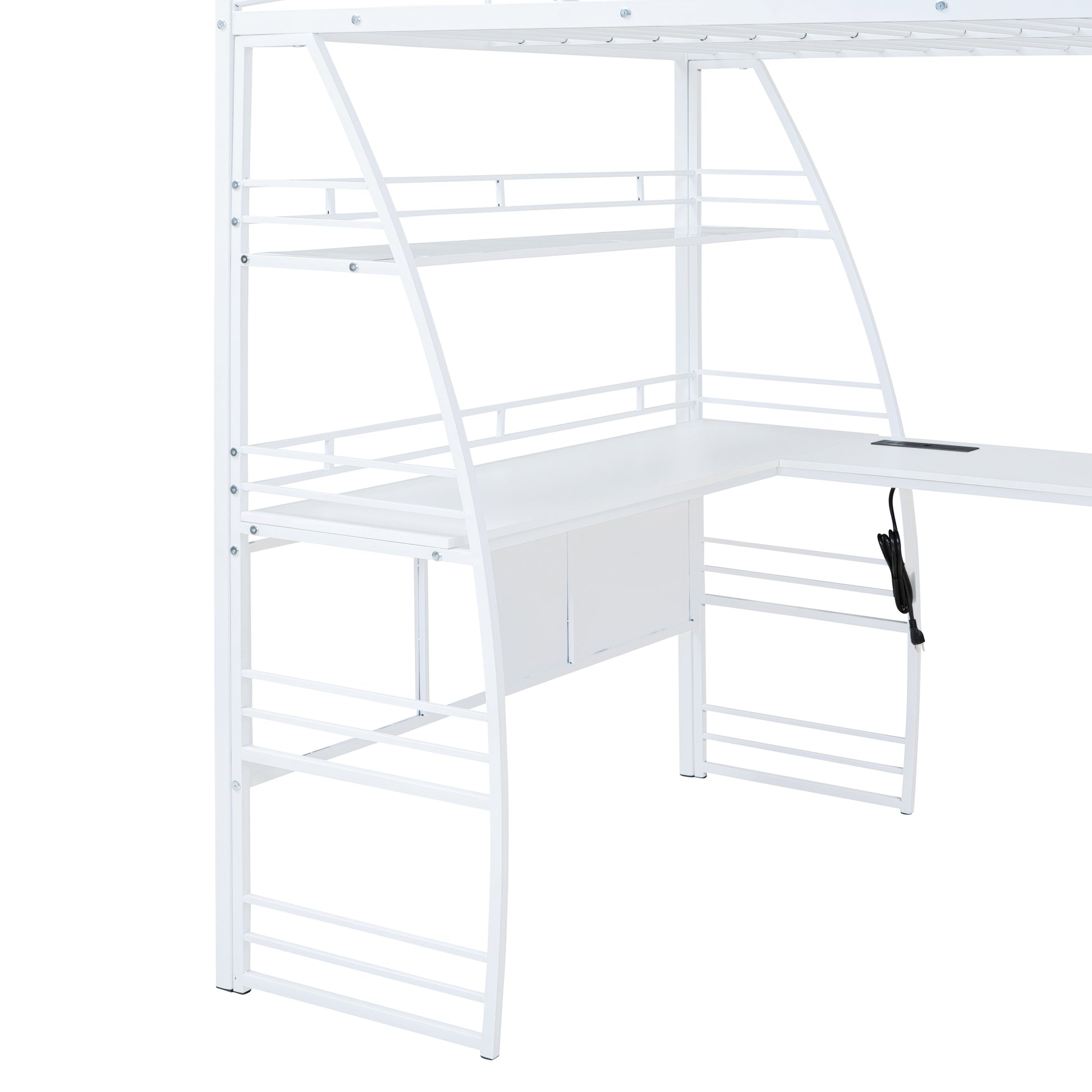 Full Size Loft Bed With 4 Layers Of Shelves And L Shaped Desk, Stylish Metal Frame Bed With A Set Of Sockets, Usb Ports And And Wireless Charging, White White Metal