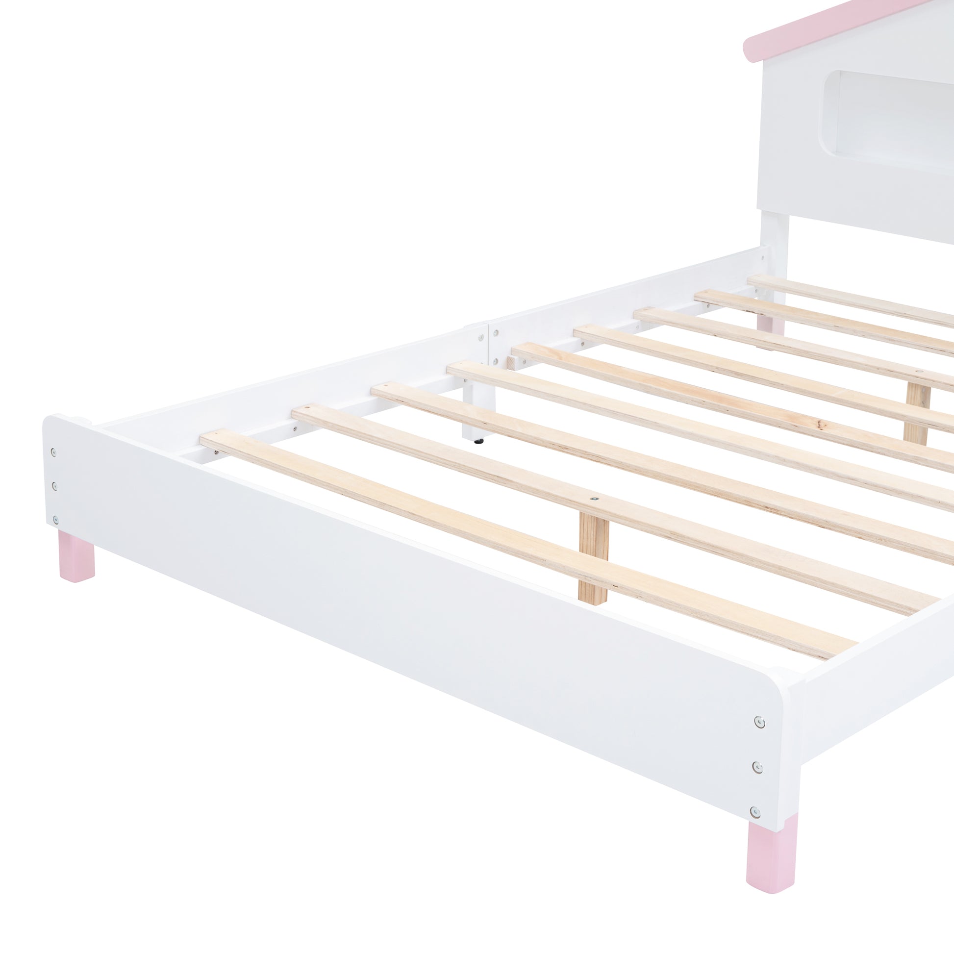 Full Size Wood Platform Bed With House Shaped Headboard And Motion Activated Night Lights White Pink White Pink Wood