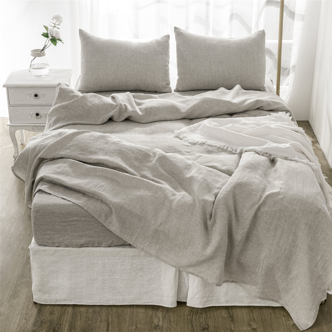 4 Pcs Bedding Sets Queen, Premium Linen Bedding Sheets & Pillowcases, Queen Bedding Sets, Greige Bedding Sheet & Pillowcase Sets Greige Linen Linen