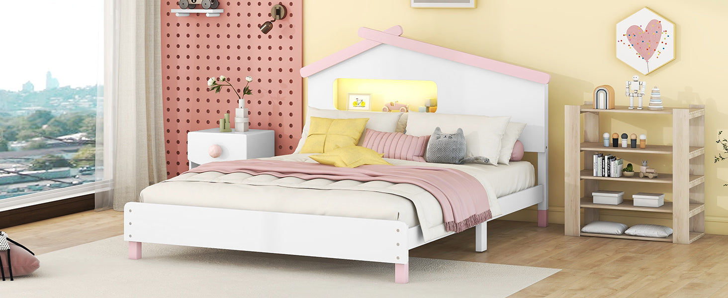 Full Size Wood Platform Bed With House Shaped Headboard And Motion Activated Night Lights White Pink White Pink Wood