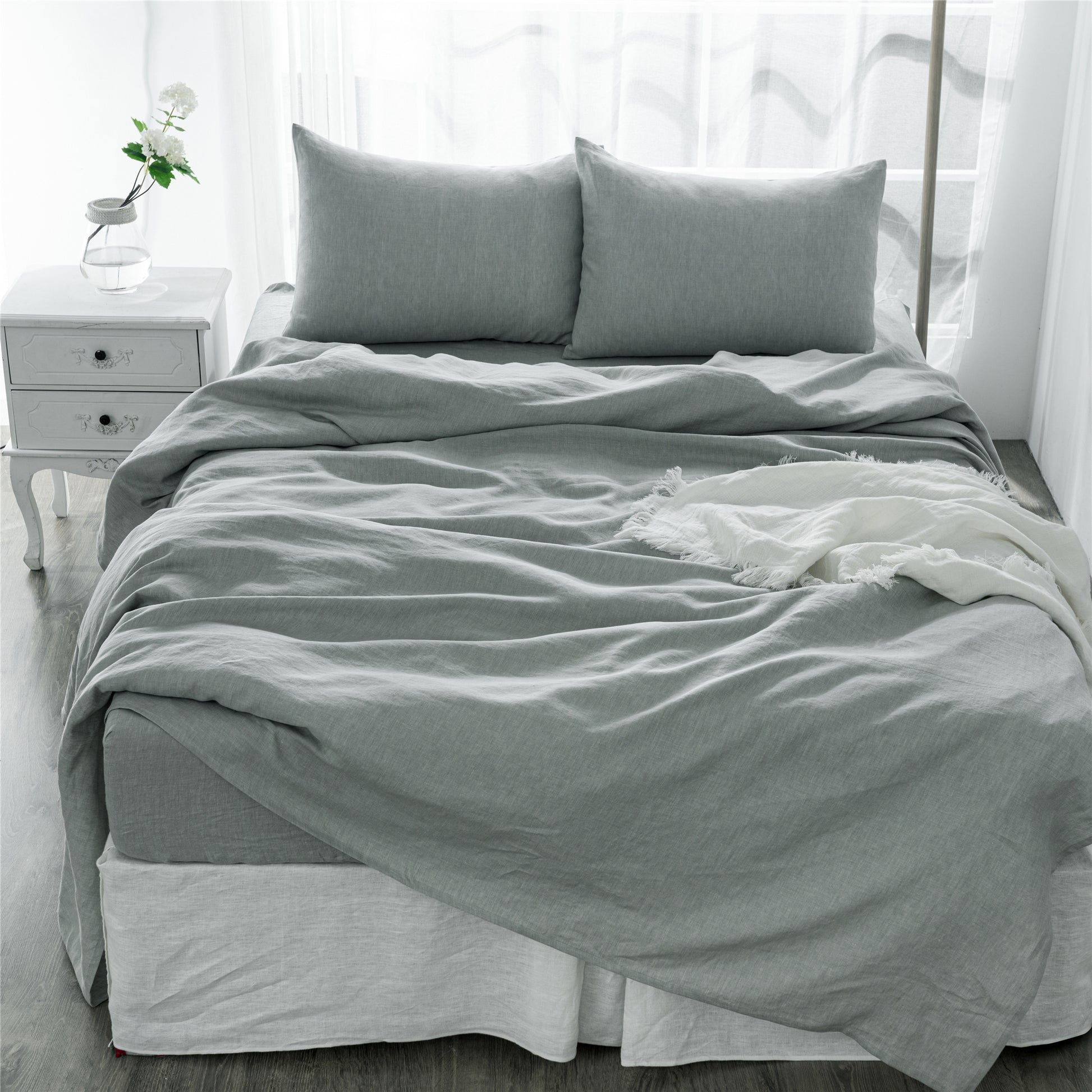 4 Pcs King Bedding Set, Premium Linen Bedding Sheets & Pillowcases, Bed In A Bag King Size Bed Set, Sea Glass Bedding Sheet & Pillowcase Sets Grey Linen Linen
