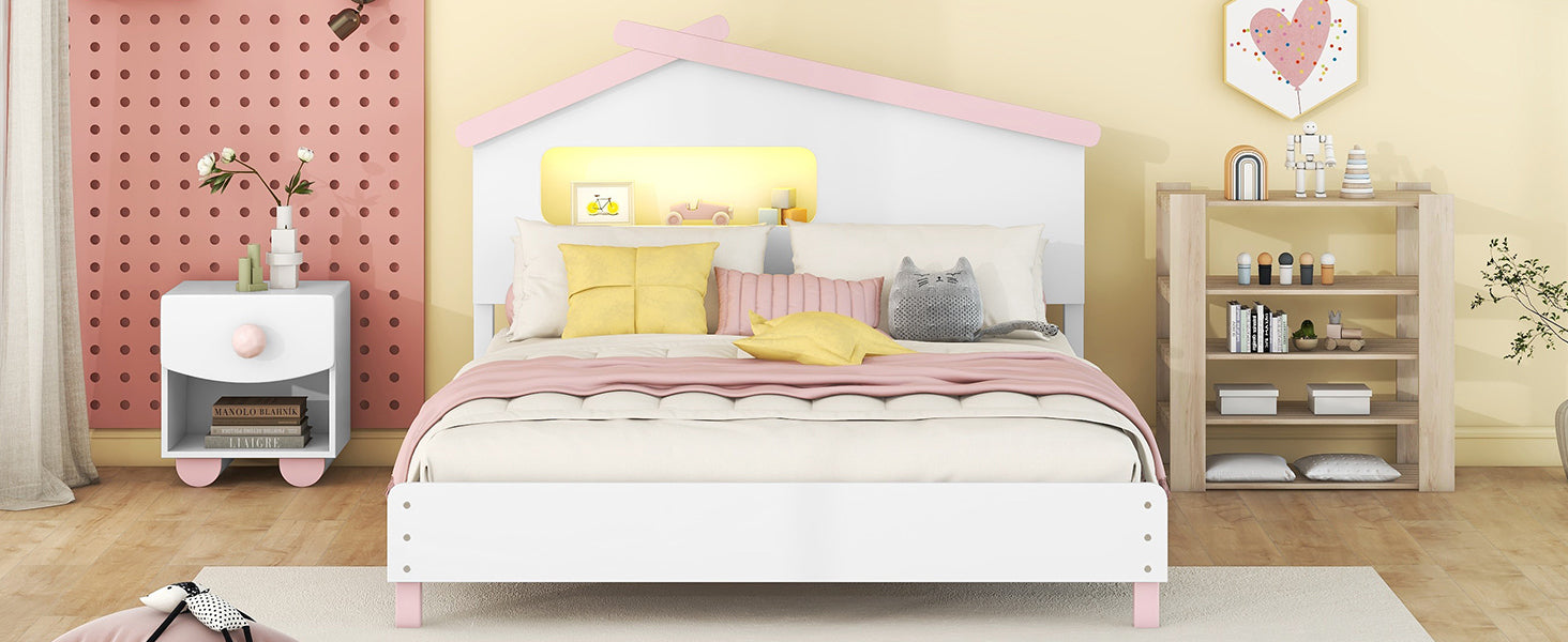 Full Size Wood Platform Bed With House Shaped Headboard And Motion Activated Night Lights White Pink White Pink Wood
