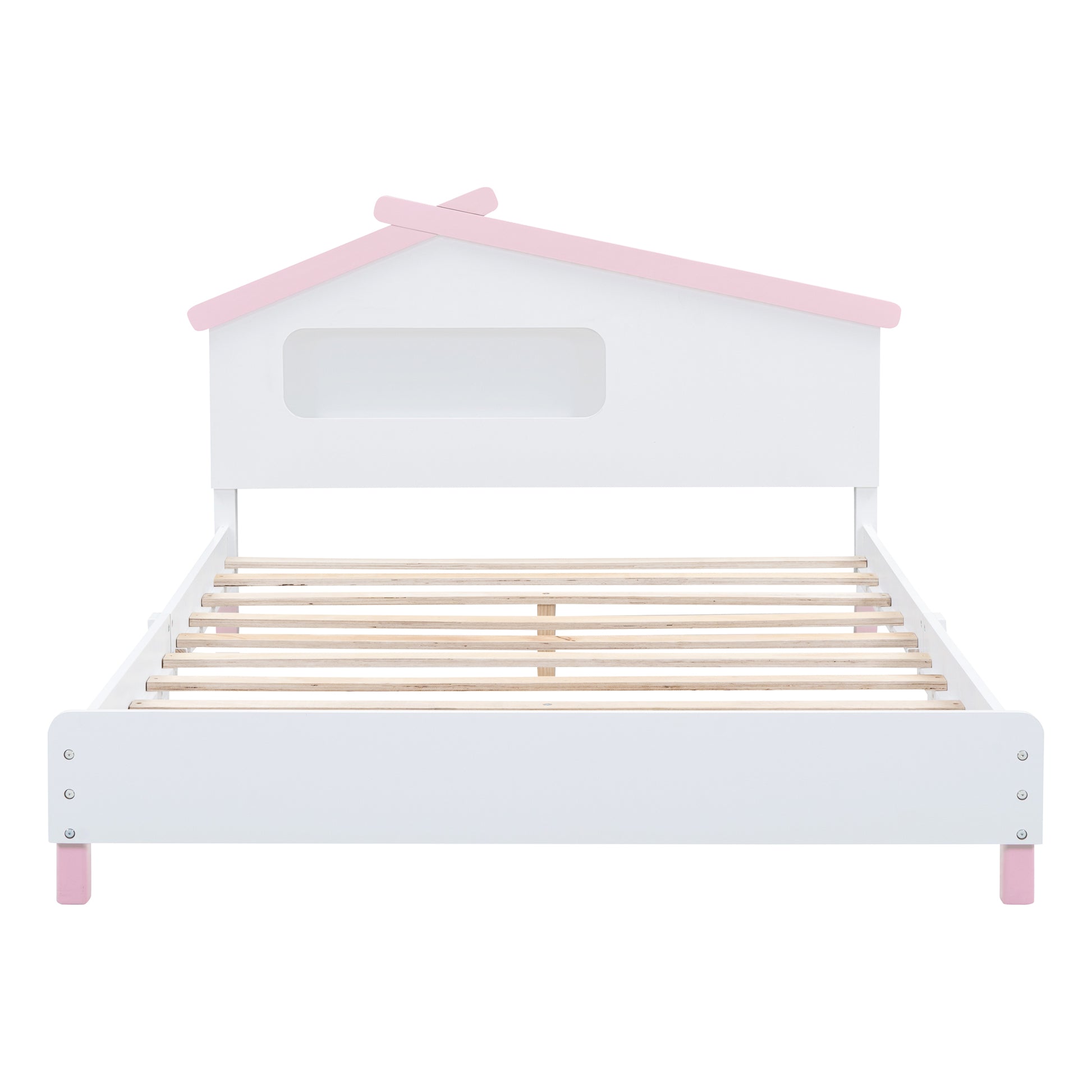 Full Size Wood Platform Bed With House Shaped Headboard And Motion Activated Night Lights White Pink White Pink Wood