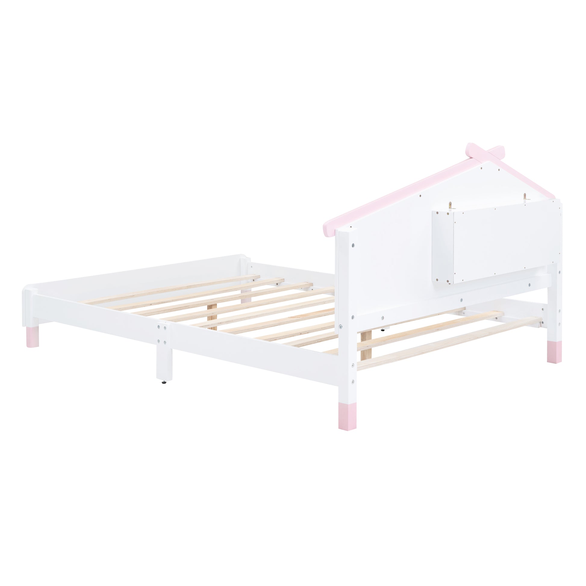 Full Size Wood Platform Bed With House Shaped Headboard And Motion Activated Night Lights White Pink White Pink Wood