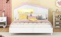 Full Size Wood Platform Bed With House Shaped Headboard And Motion Activated Night Lights White Pink White Pink Wood