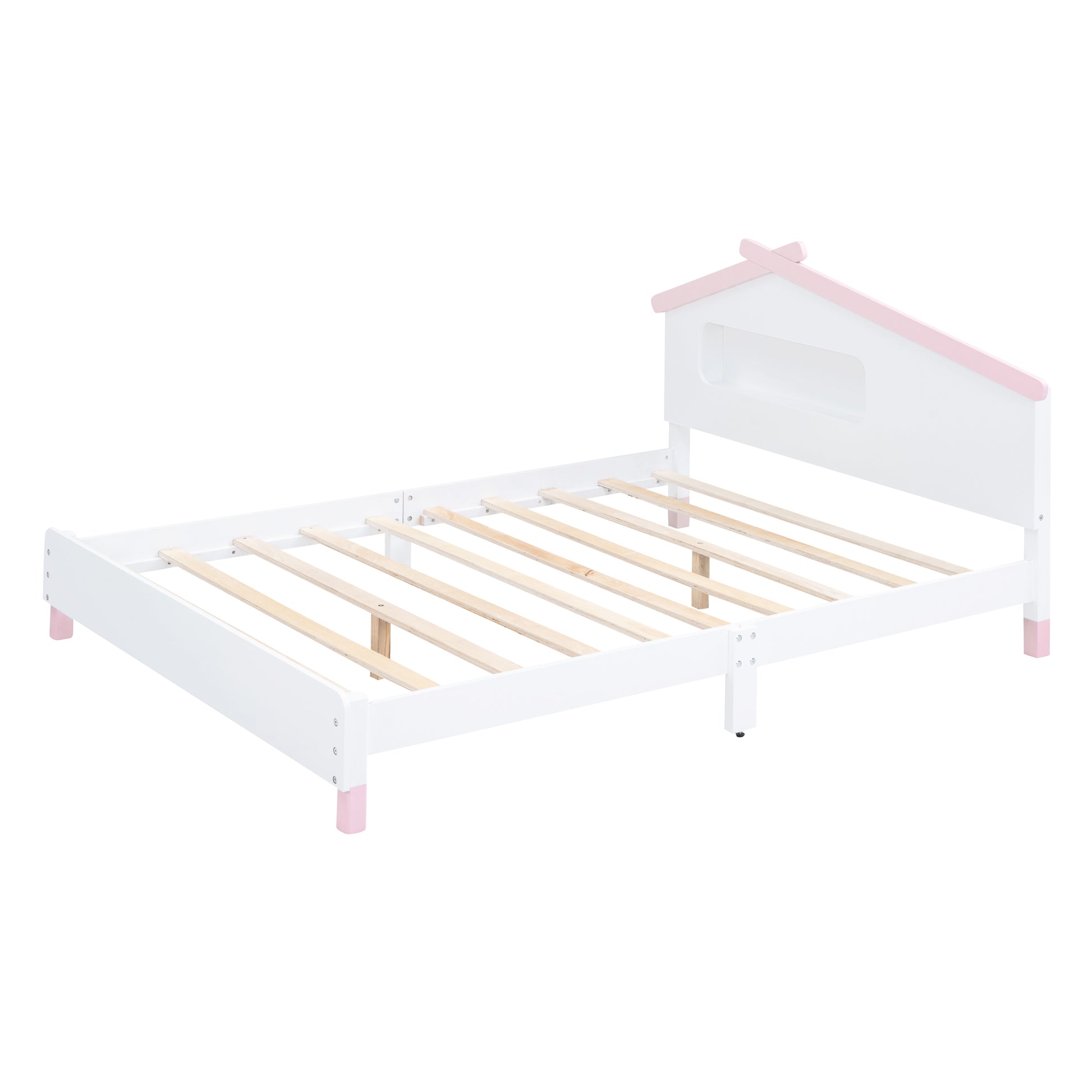 Full Size Wood Platform Bed With House Shaped Headboard And Motion Activated Night Lights White Pink White Pink Wood