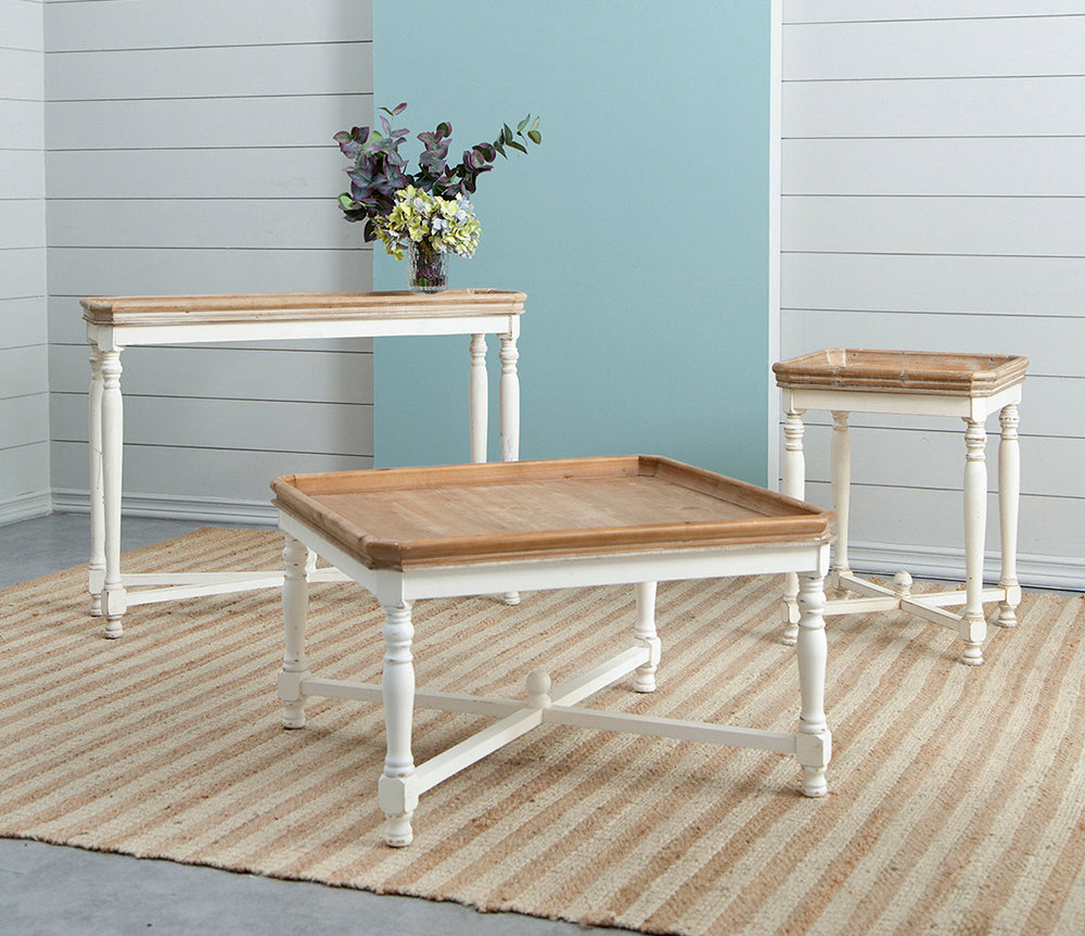 33X33X19" Square Alcott Coffee Table, French Countory Tray Table White Brown Primary Living Space American Traditional,Antique,European,French Country,Rustic Fir Wood