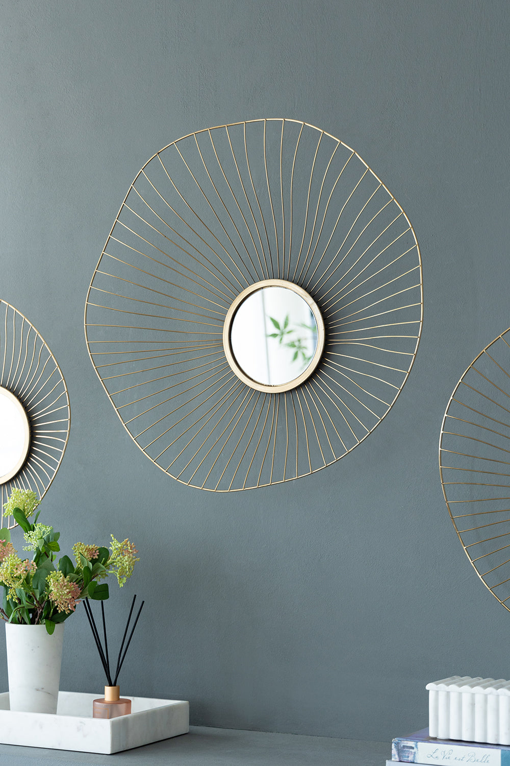 Set Of 3 Wall Mirror Abstract Designed Wall Mirrors With Gold Frame For Home & Office,Top Of Sideboard L:26X5X25.5" M:22X3.5X22" S:18X2.5X18" Gold Iron