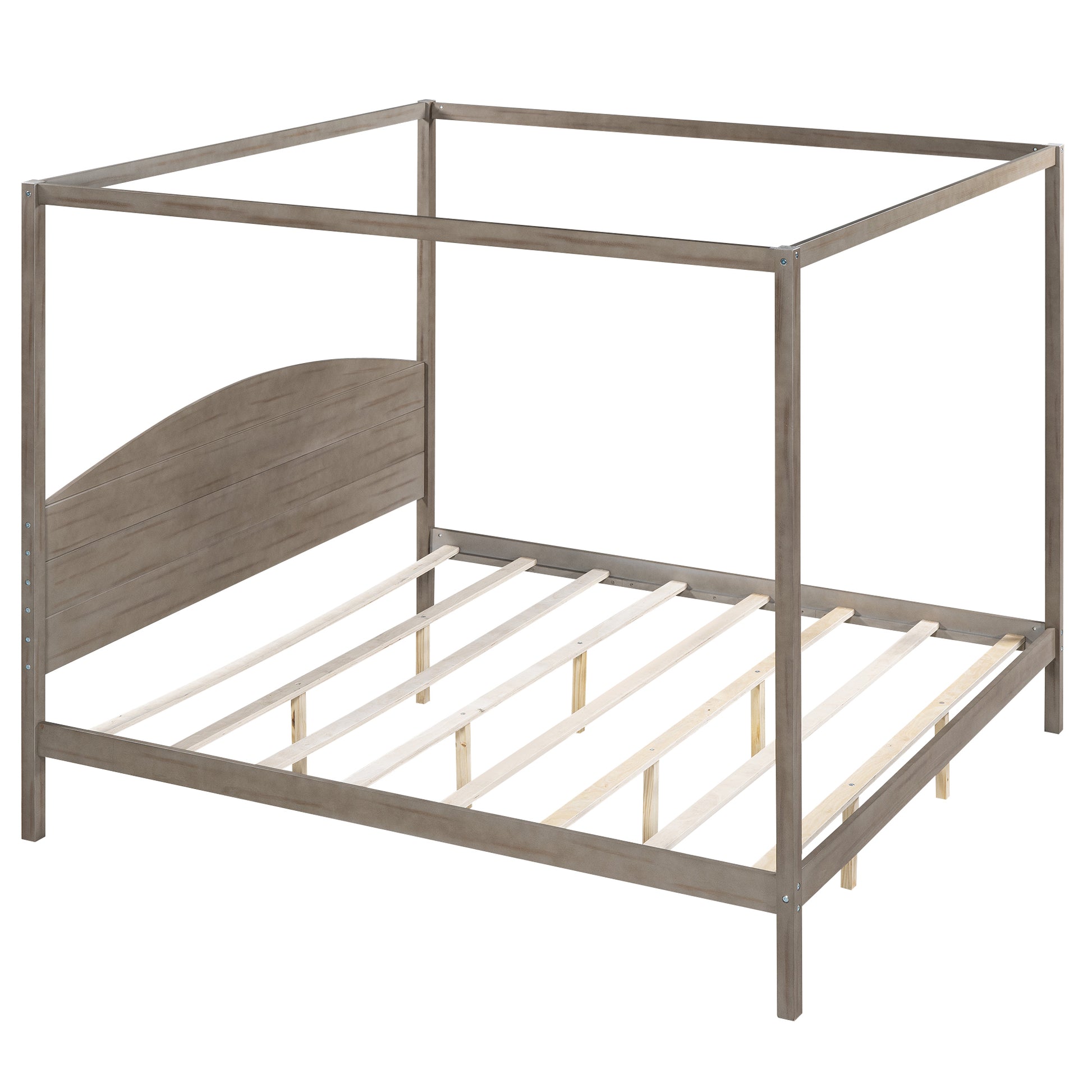 King Size Canopy Platform Bed With Headboard And Support Legs, Brown Wash Box Spring Not Required Brown Wood Pine