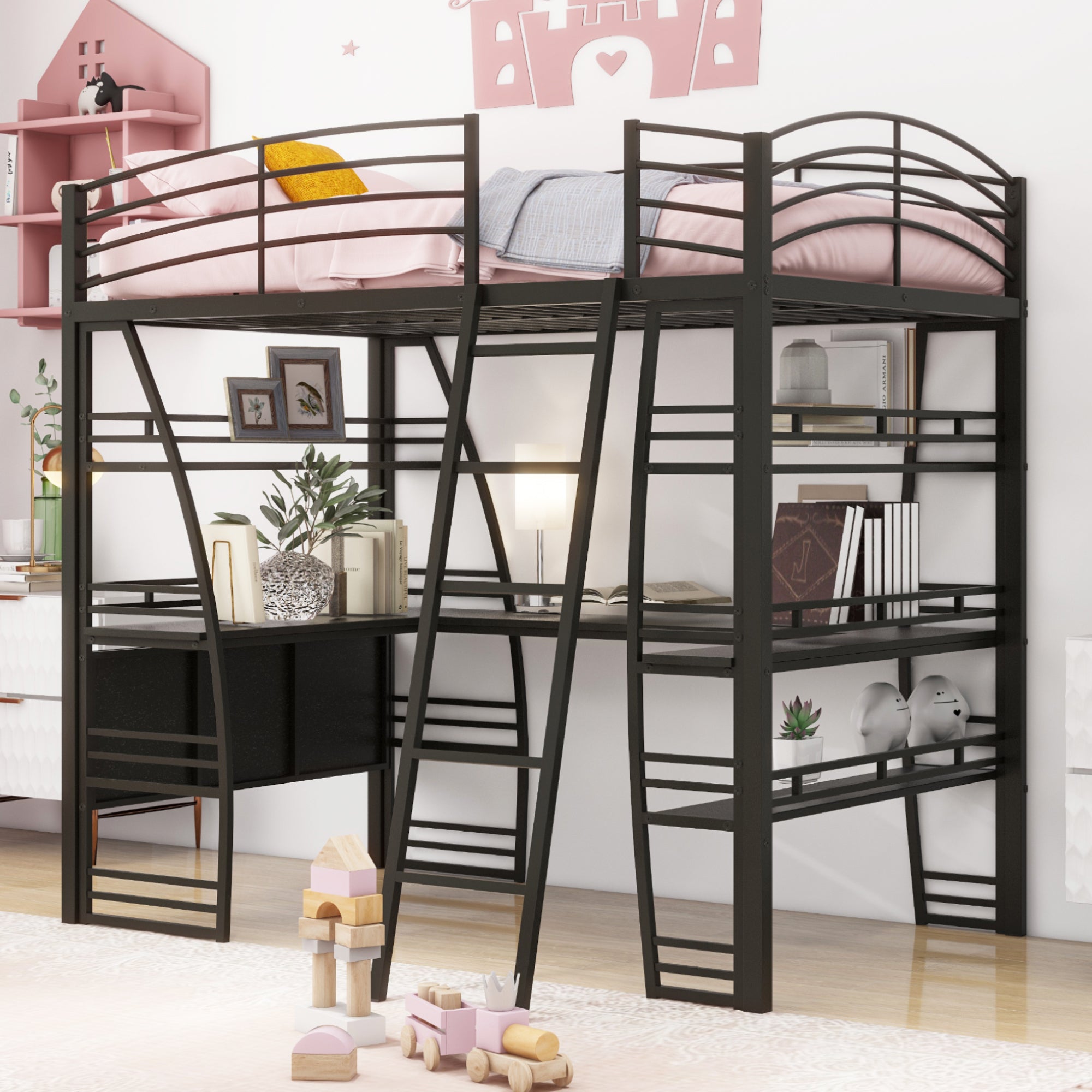 Full Size Loft Bed With 4 Layers Of Shelves And L Shaped Desk, Stylish Metal Frame Bed With A Set Of Sockets, Usb Ports And Wireless Charging, Black Black Metal