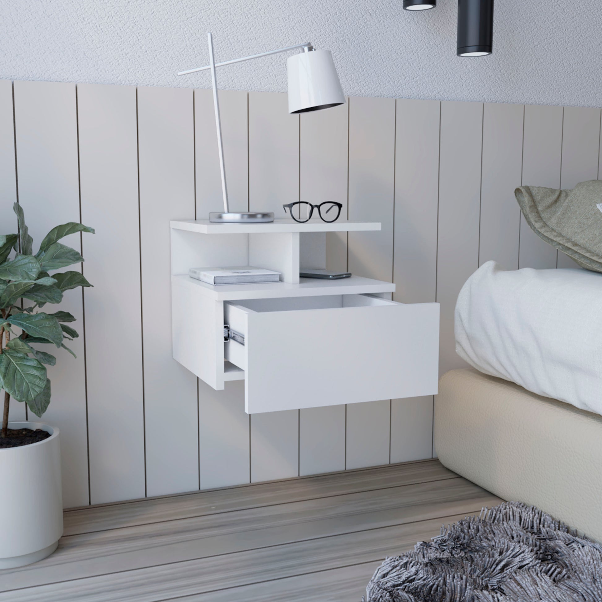 Floating Nightstand Flopini, One Drawer, White Finish White Particle Board