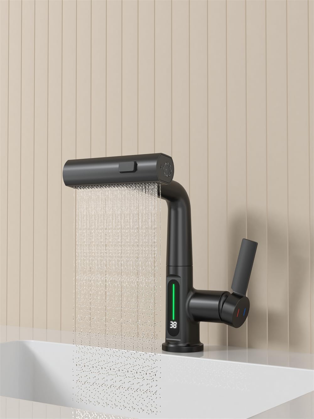 Pull Out Lift Led Temperature Digital Display Bathroom Basin Faucet, Single Handle 360 Rotatable Waterfall 3 In 1 Basin Tap With Adjustable Height Matte Black One Matte Black Deck Mounted Matte