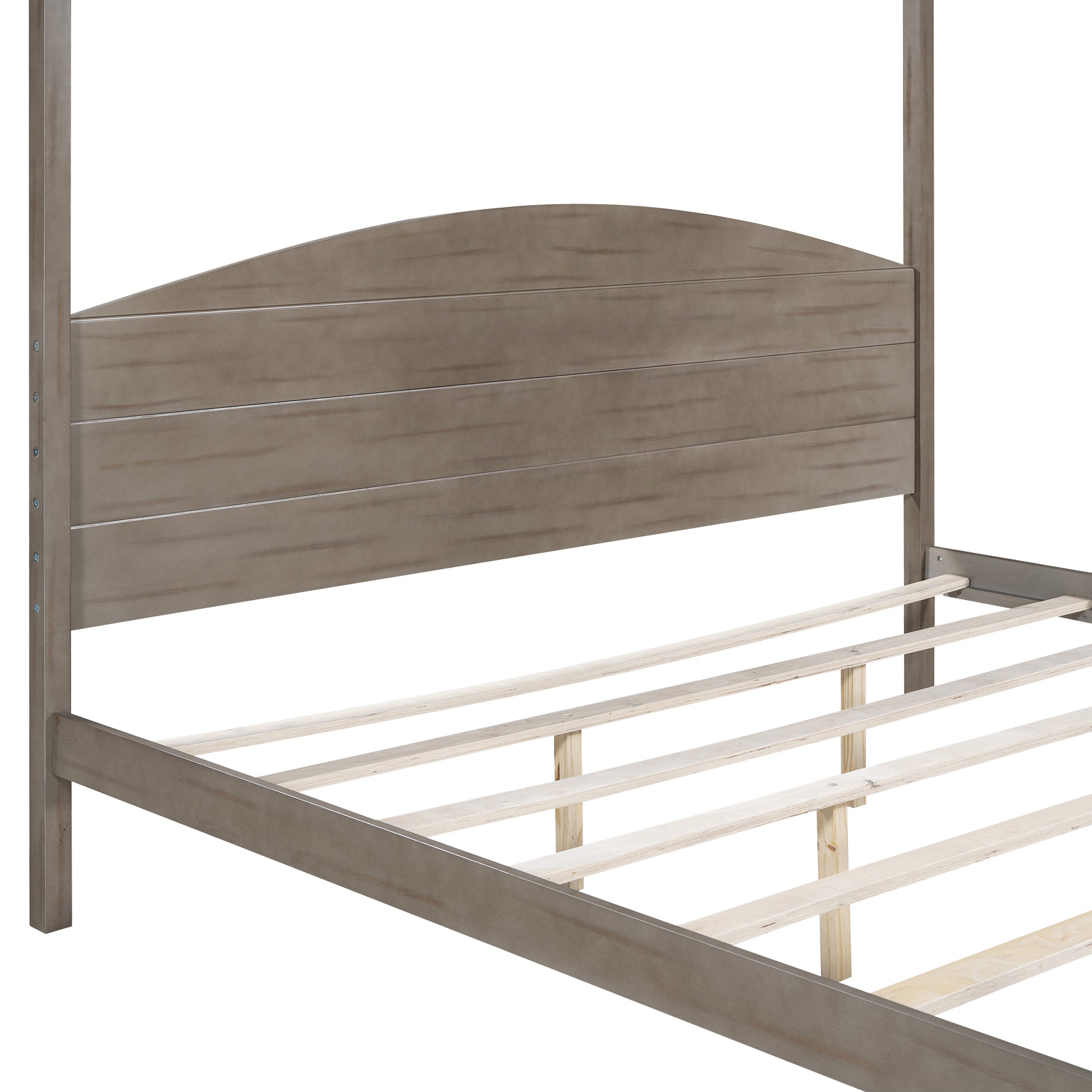 King Size Canopy Platform Bed With Headboard And Support Legs, Brown Wash Box Spring Not Required Brown Wood Pine