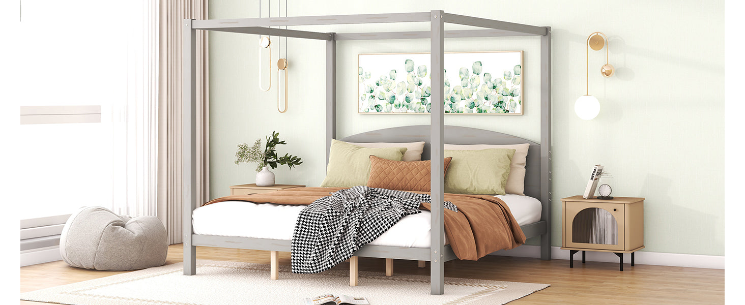 King Size Canopy Platform Bed With Headboard And Support Legs, Grey Wash Box Spring Not Required Grey Wood Pine