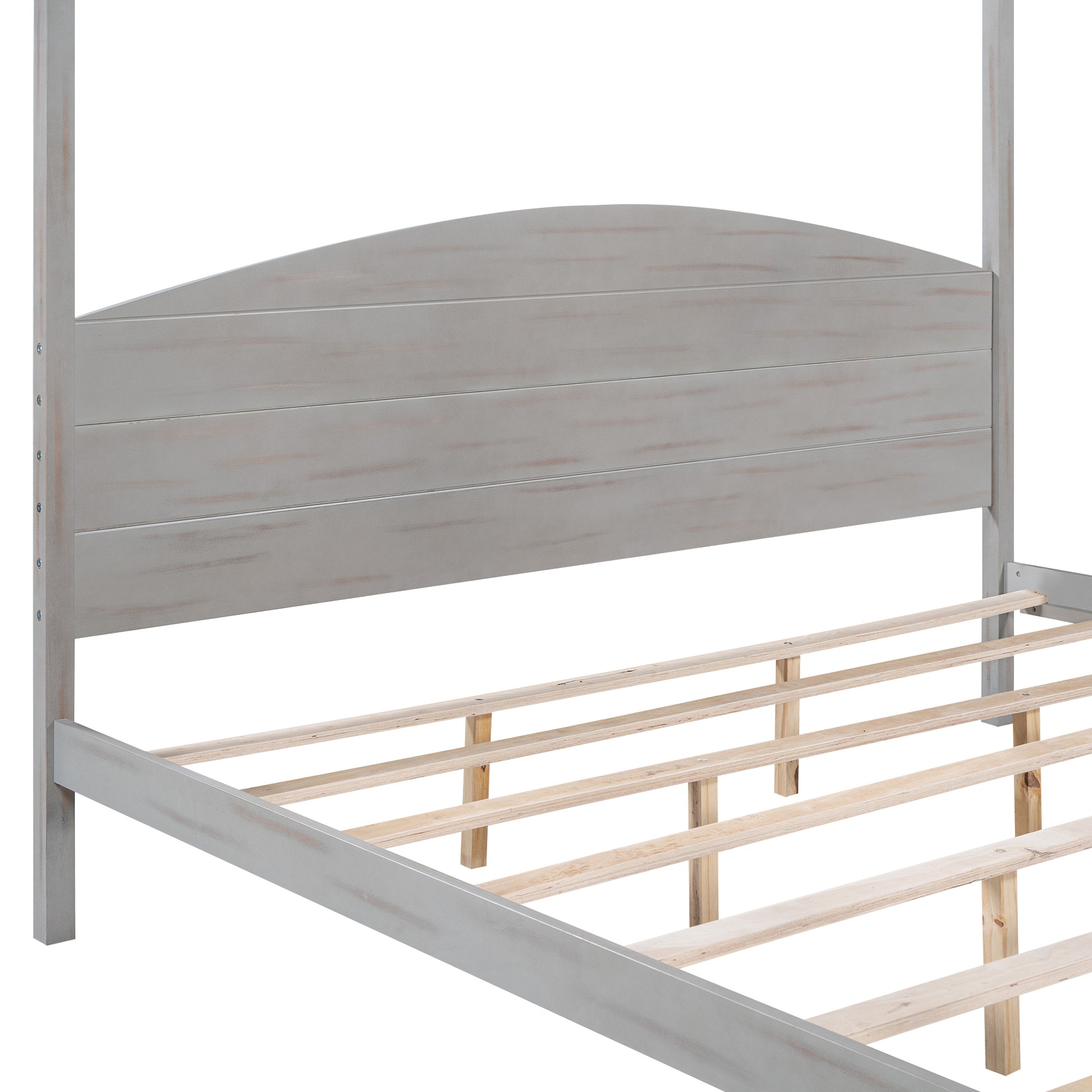 King Size Canopy Platform Bed With Headboard And Support Legs, Grey Wash Box Spring Not Required Grey Wood Pine