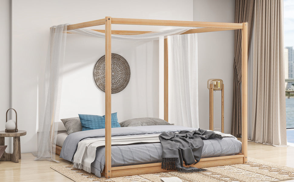 King Size Canopy Platform Bed With Support Legs, Natural Box Spring Not Required King Natural Wood Bedroom Canopy Pine